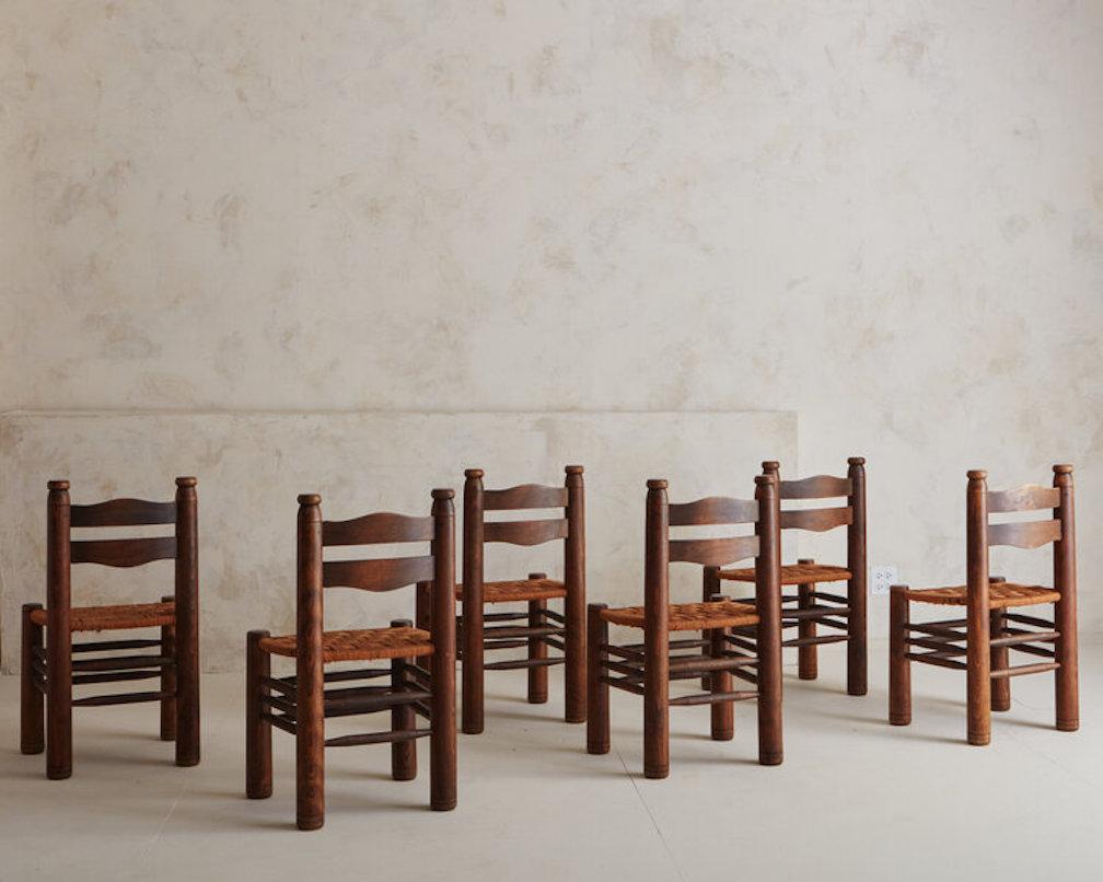 Set of 6 French Wood + Rush Dining Chairs in the Style of Charles Dudouyt, 1940s In Good Condition In Chicago, IL