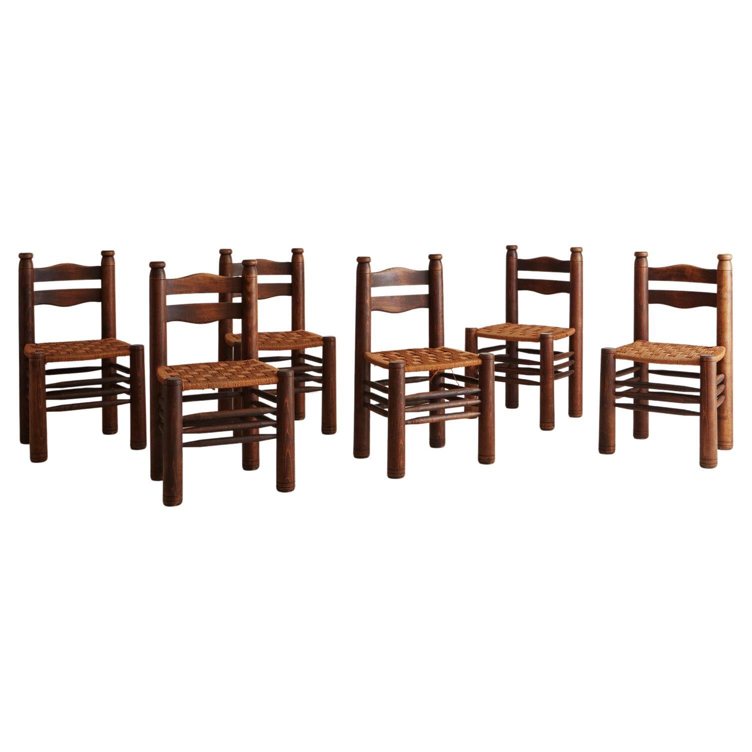 Set of 6 French Wood + Rush Dining Chairs in the Style of Charles Dudouyt, 1940s
