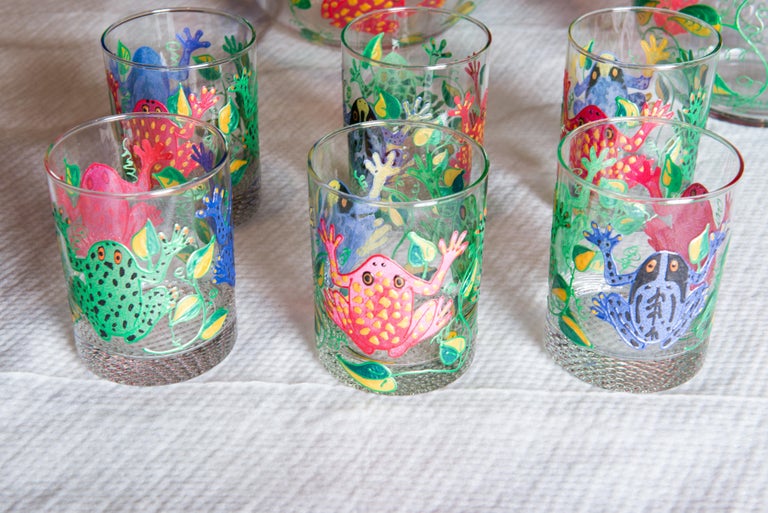 From Mrs Henry Ford II estate - Set of 6 old fashion glasses, bowl, and pitcher all frog decorated. 
Measures: Bowl is 10.5