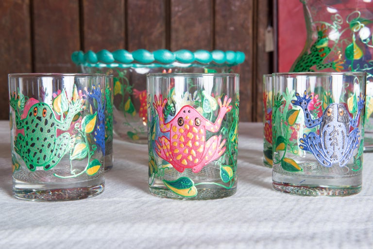 American Set of 6 Frog Glasses, Bowl, Pitcher For Sale