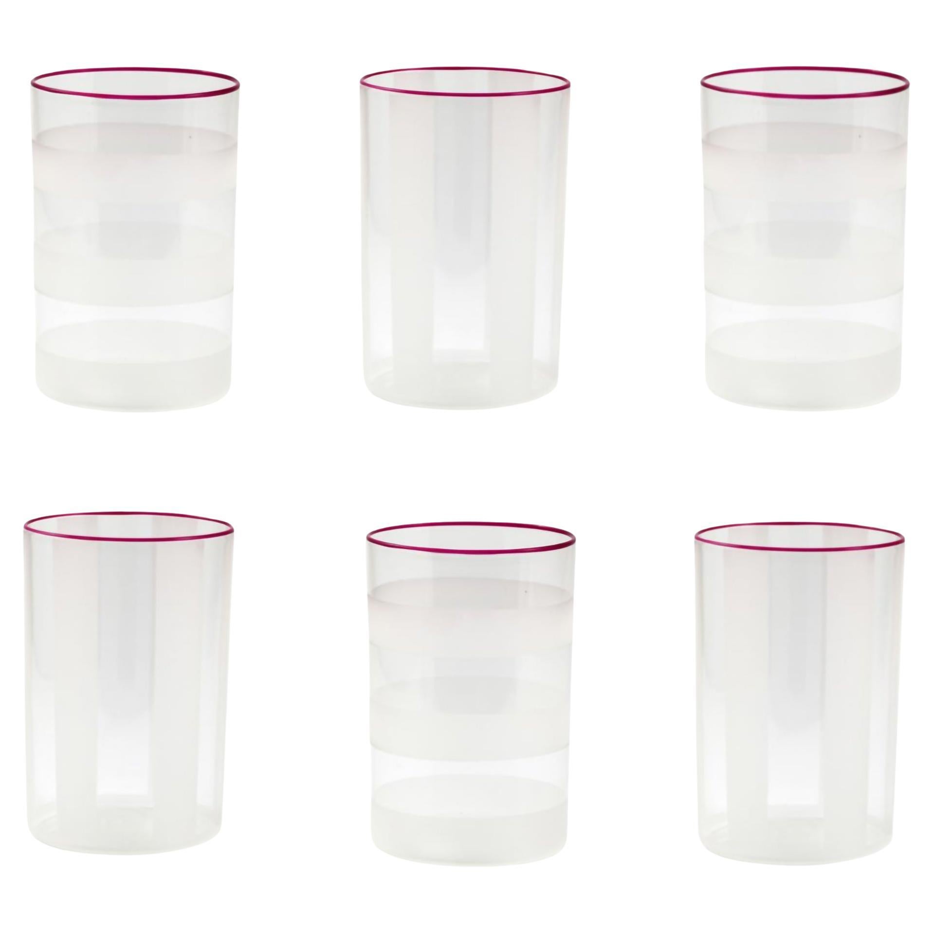 Set of 6 STRICA engraved glasses with red rim, by Giberto Venezia