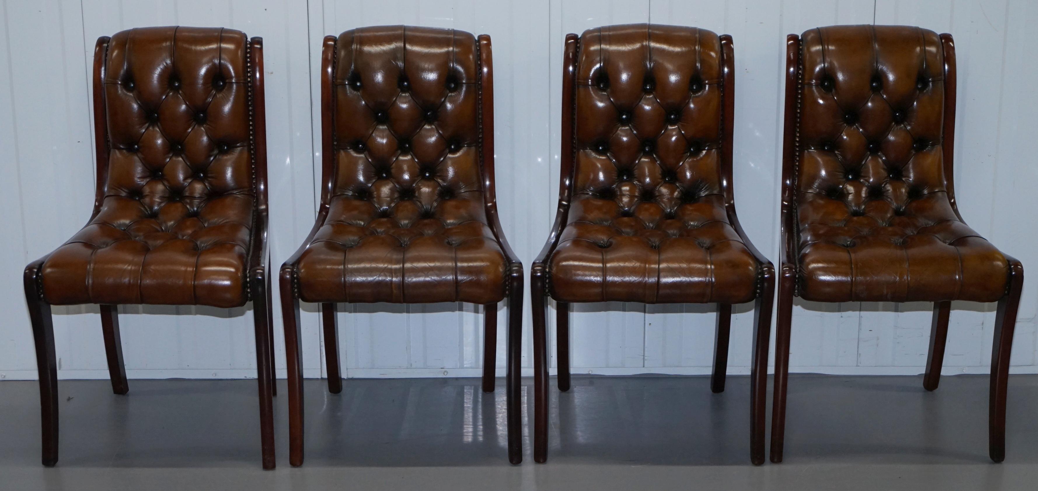 We are delighted to this rare set of six fully restored hand dyed Whisky brown leather Chesterfield dining chairs

I have another set of ten of these chairs listed under my other items that are exactly the same, if you need a set of eight I can