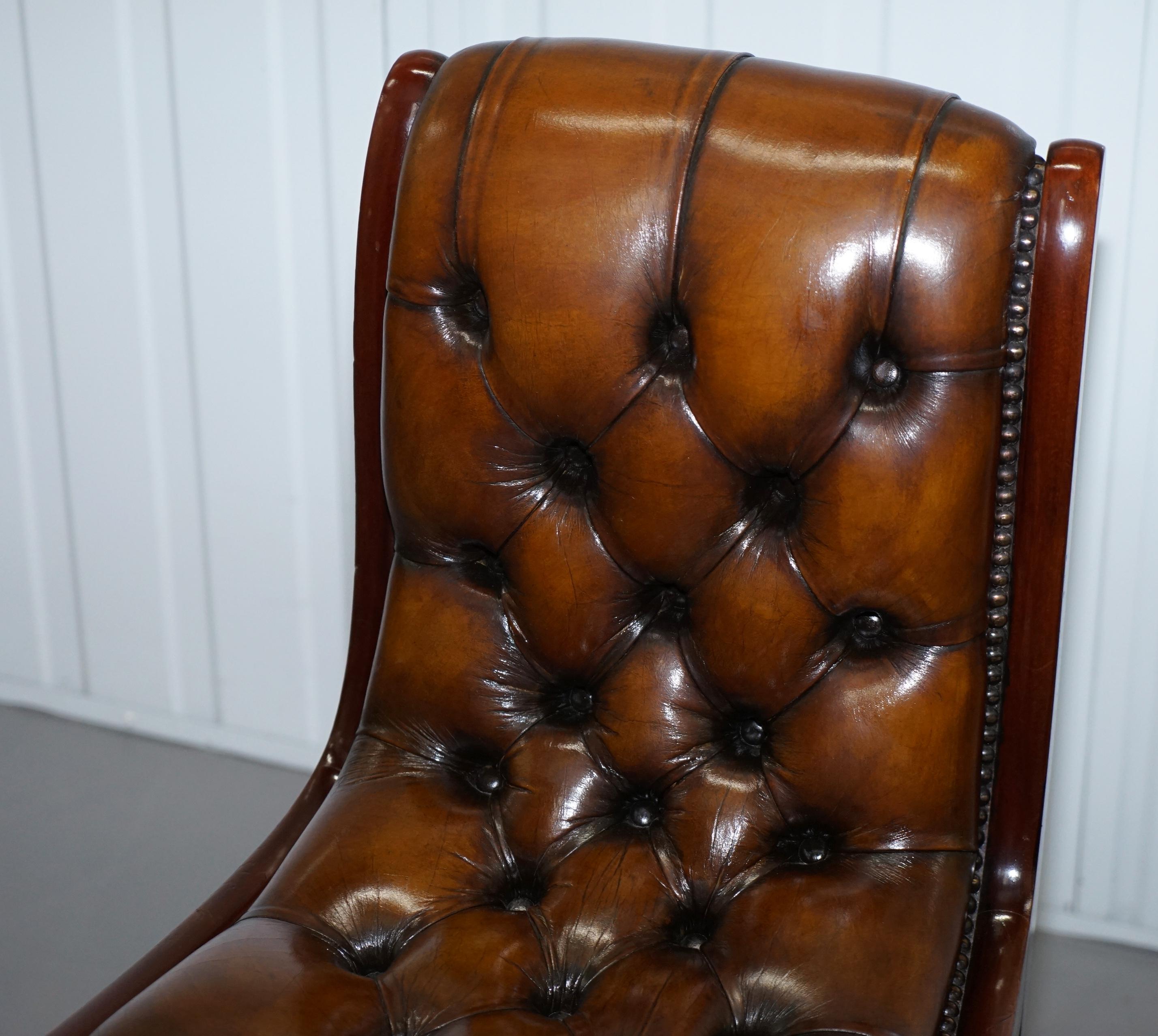 Regency Set of 6 Fully Restored Chesterfield Dining Chairs Whisky Brown Leather Ten Set