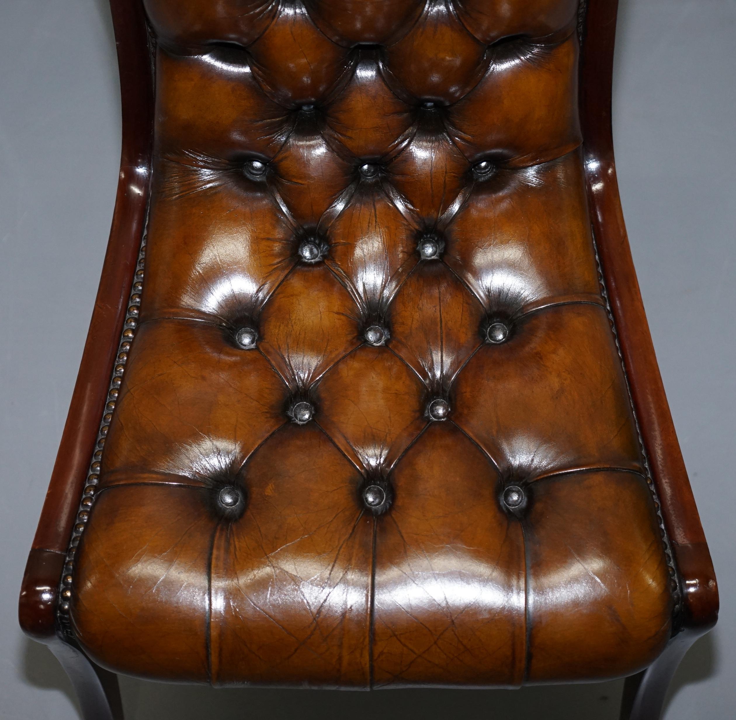 English Set of 6 Fully Restored Chesterfield Dining Chairs Whisky Brown Leather Ten Set
