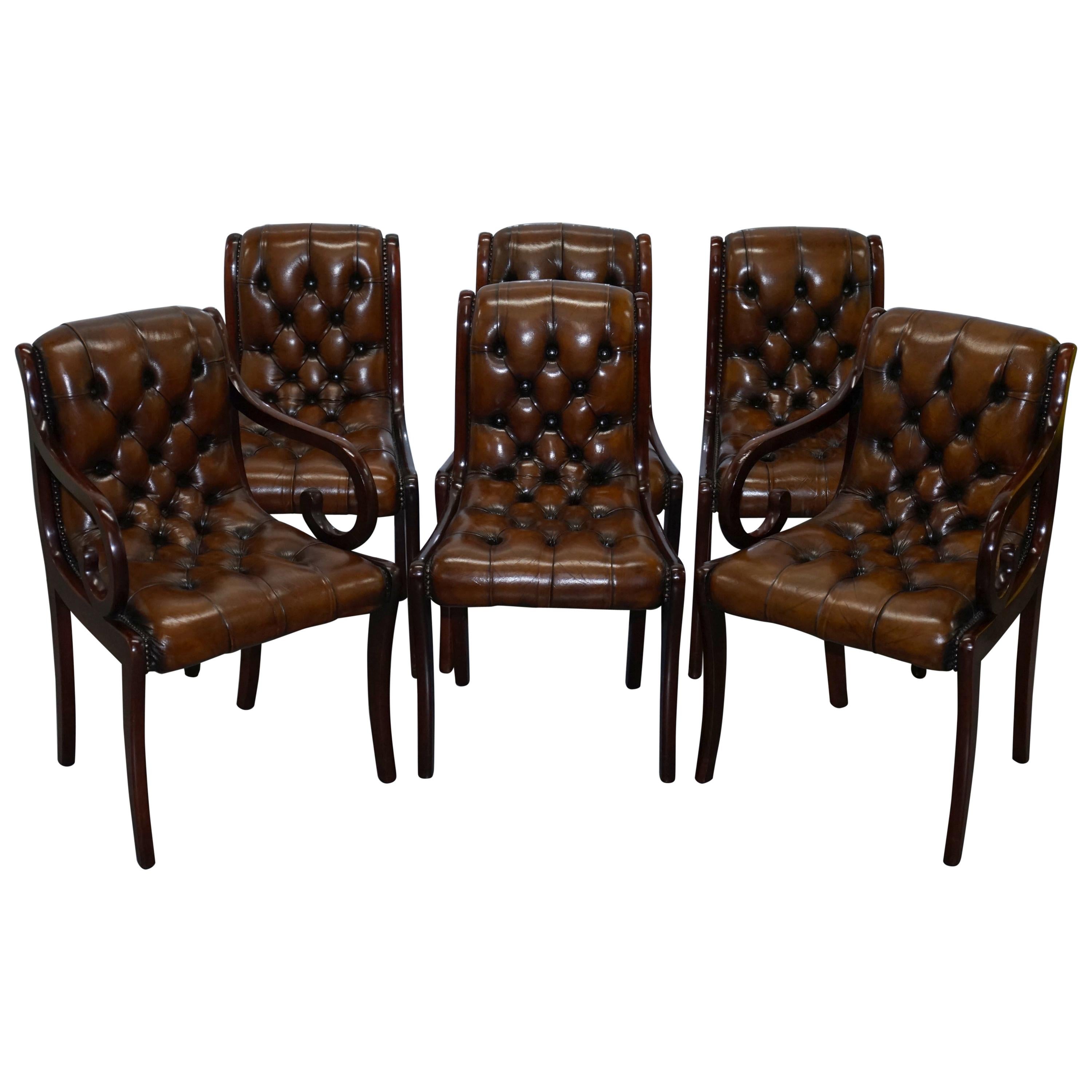 Set of 6 Fully Restored Chesterfield Dining Chairs Whisky Brown Leather Ten Set