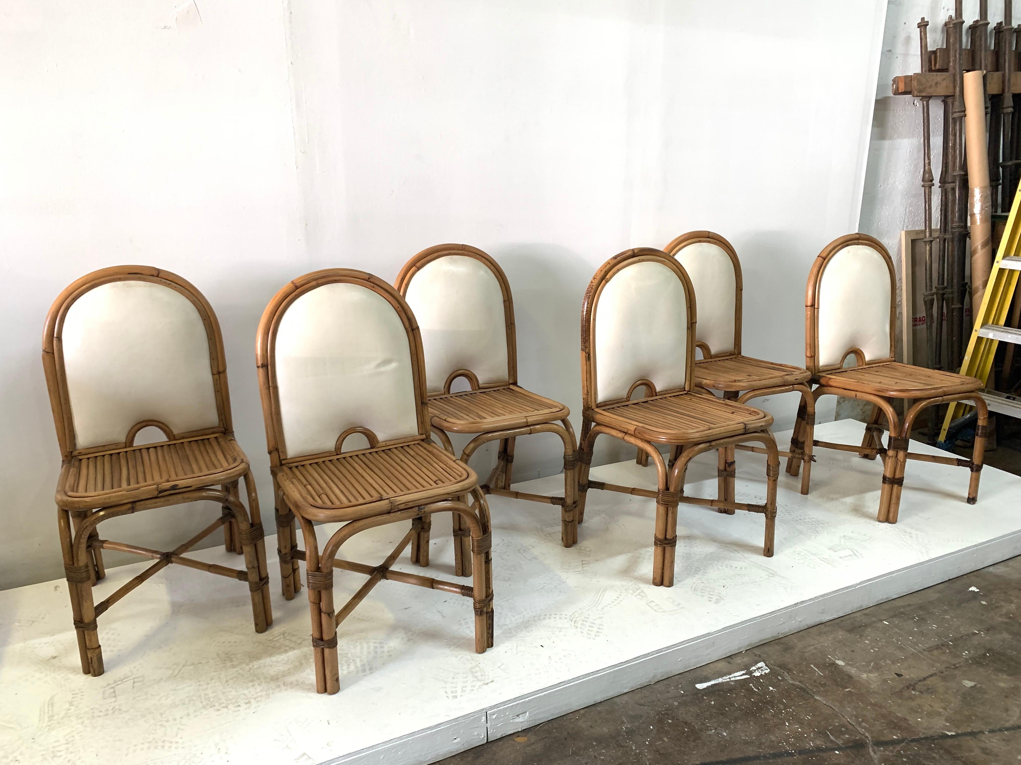 Great original vintage condition, this set has 6 armless chairs. Of the 6 chairs 3 have the brass Gabriella Crespi signature plaque on the back (see detail images). The design is from the Rising Sun series designed and produced in Italy in 1970's.