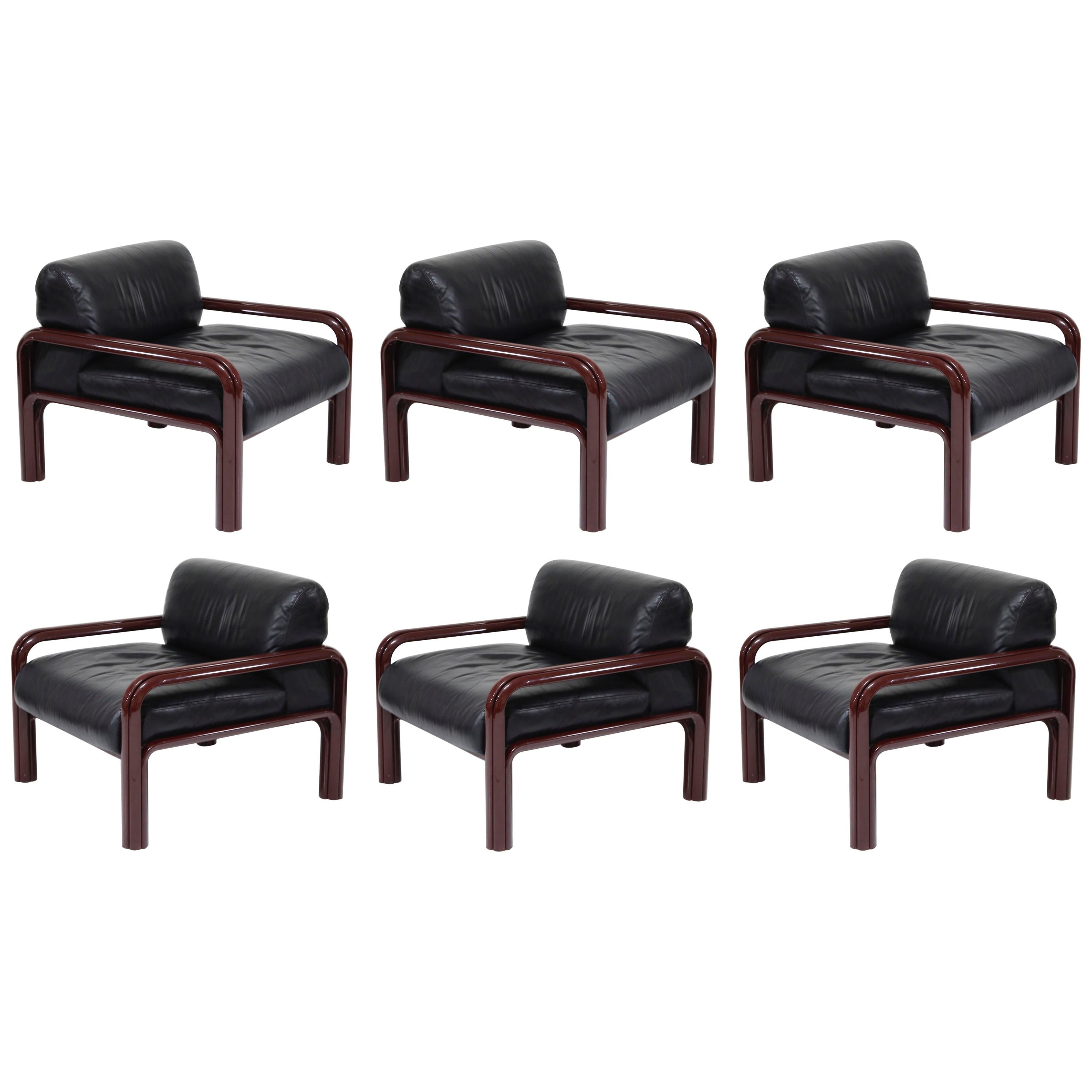 Set of 6 Gae Aulenti Leather and Steel Lounge Chairs for Knoll, Signed 1987