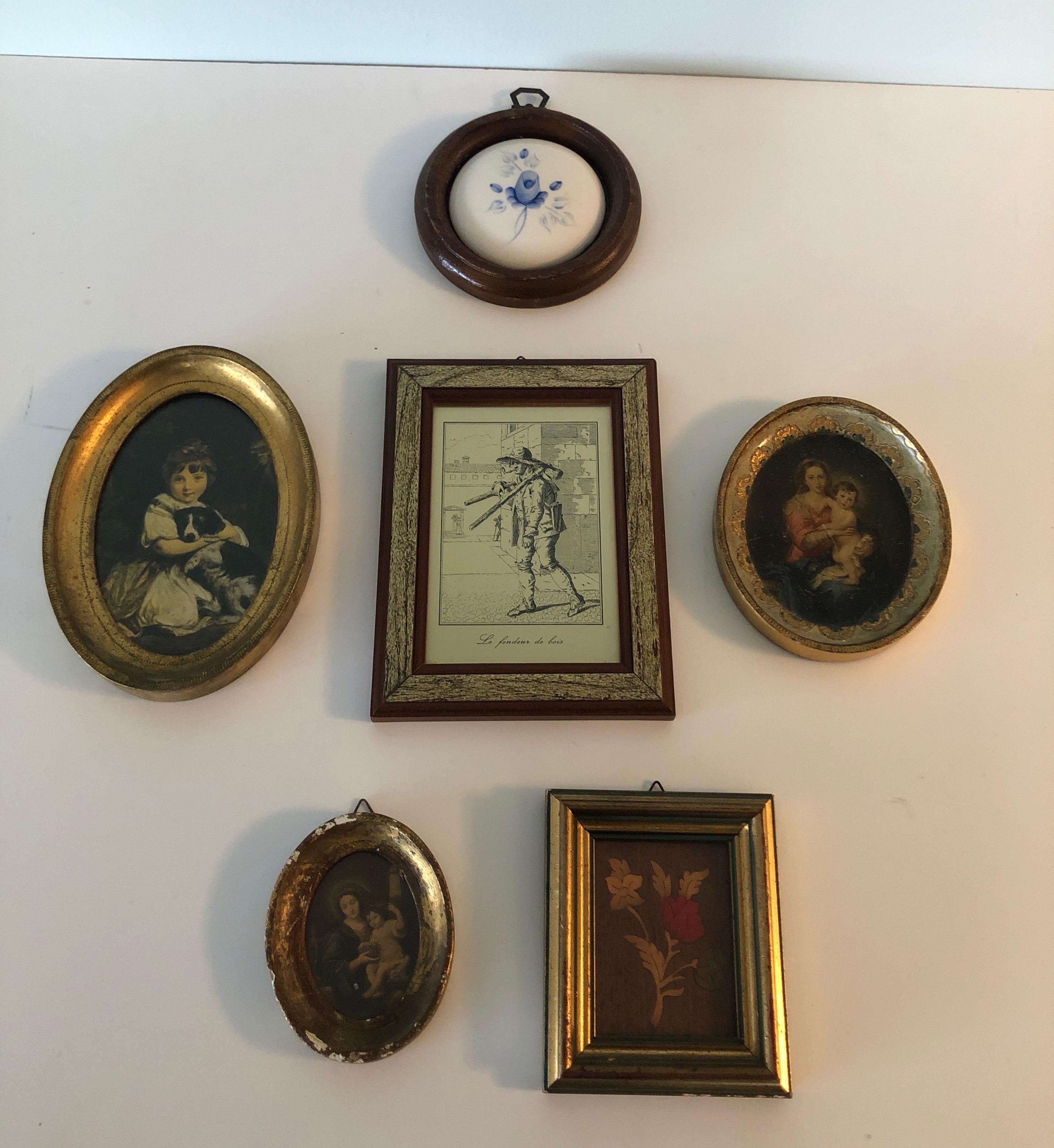 Set of (6) Gallery Wall Framed Miniature Portraits.
#1
Vintage Porcelain Hand Painted Tile Framed in a Circle of Wood
Hand painted in blue
Stamped in the back: Hand Painted Made in the USA.
Hook in the back
Size: 5 x 5 x 1
#2
Petite Oval
