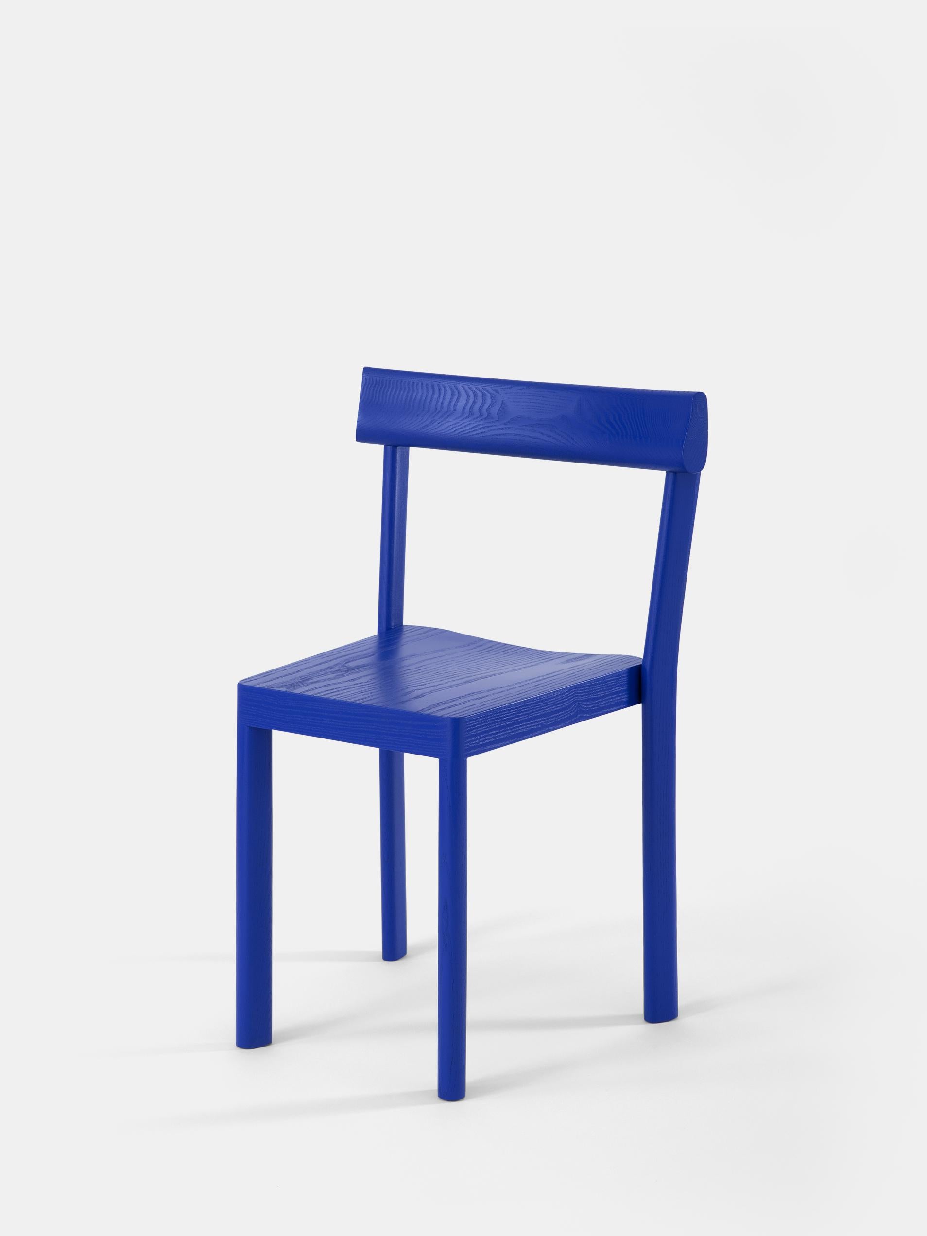 Set of 6 Galta Blue Oak Chairs by Kann Design
Dimensions: D 43 x W 51 x H 80 cm.
Materials: Blue lacquered oak.
Available in other finishes.

With the Galta, SCMP Design Office rethinks the classic bistro chair. The result is the epitome of