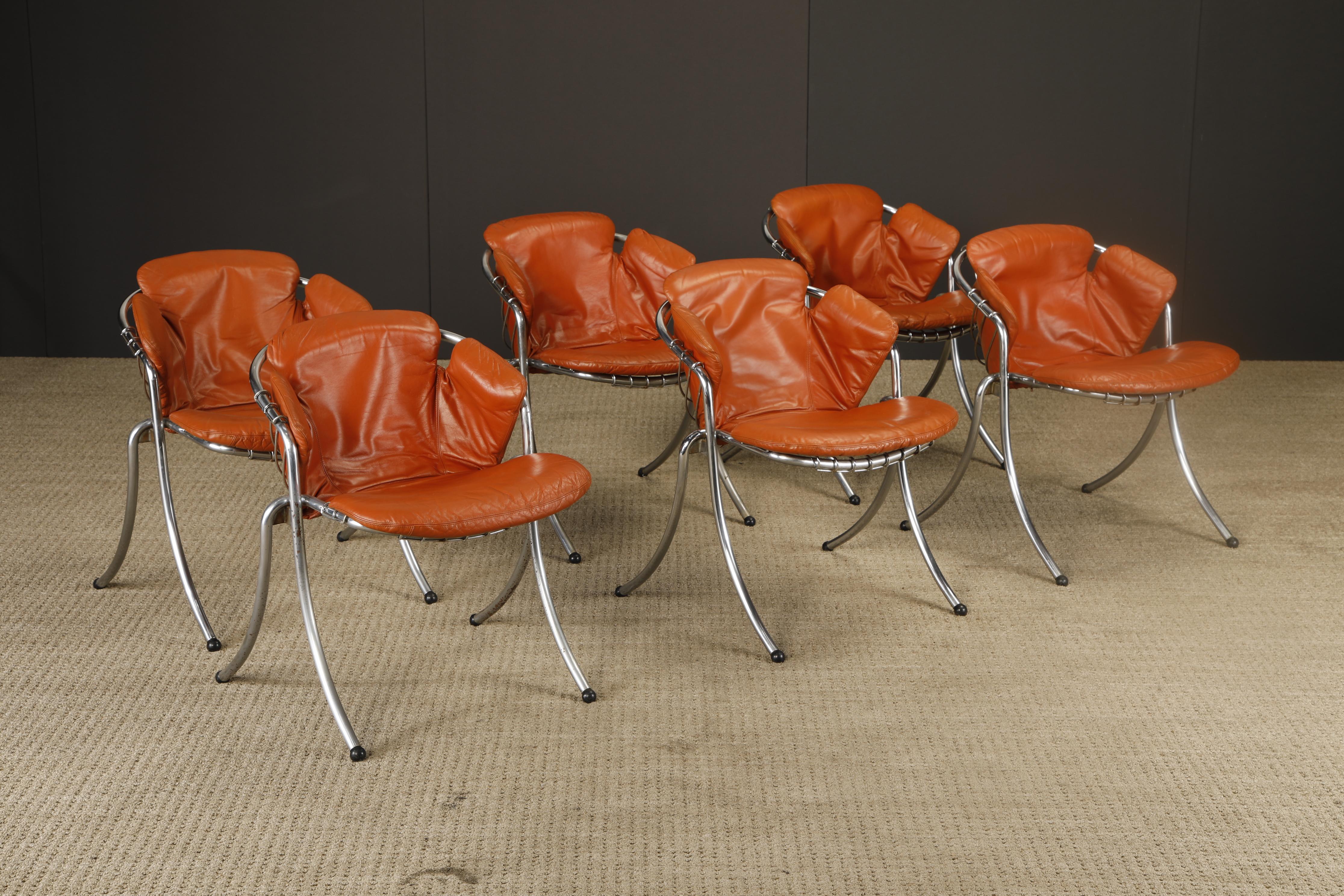Satz von 6 Gastone Rinaldi Esszimmerstühlen aus Stahl und Leder für RIMA, Italien, 1970er Jahre (Moderne) im Angebot