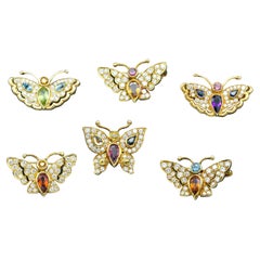 Set of 6 Gemstone Diamond and 18k Gold Butterfly Brooches