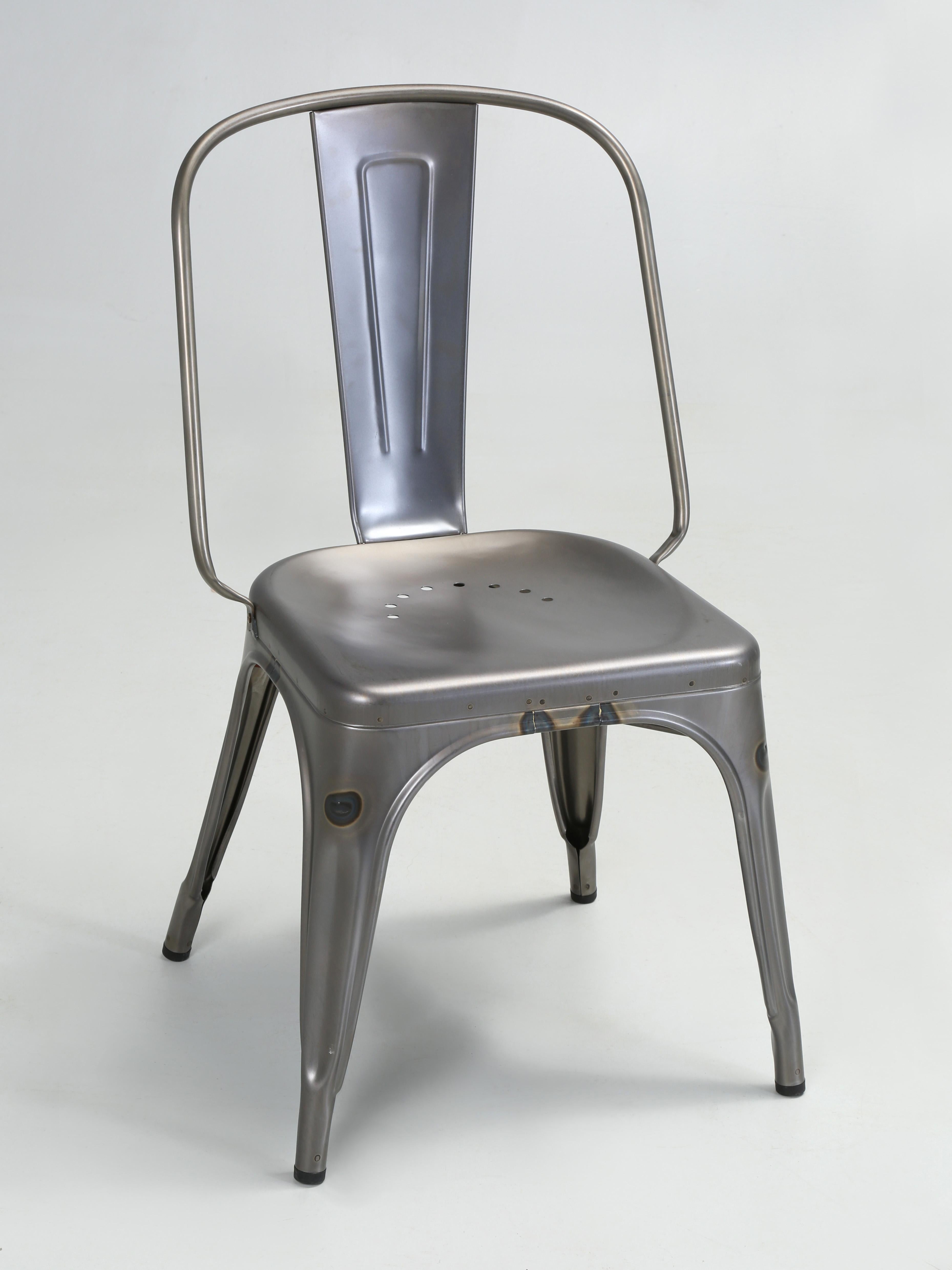 Genuine Made in France Set of (6) Tolix Steel Stacking Chairs that have an eggshell clear powder-coated finish applied. We currently have over (1000) pieces of Tolix in Stock available for immediate delivery, including Tolix Counter and Bar Stools