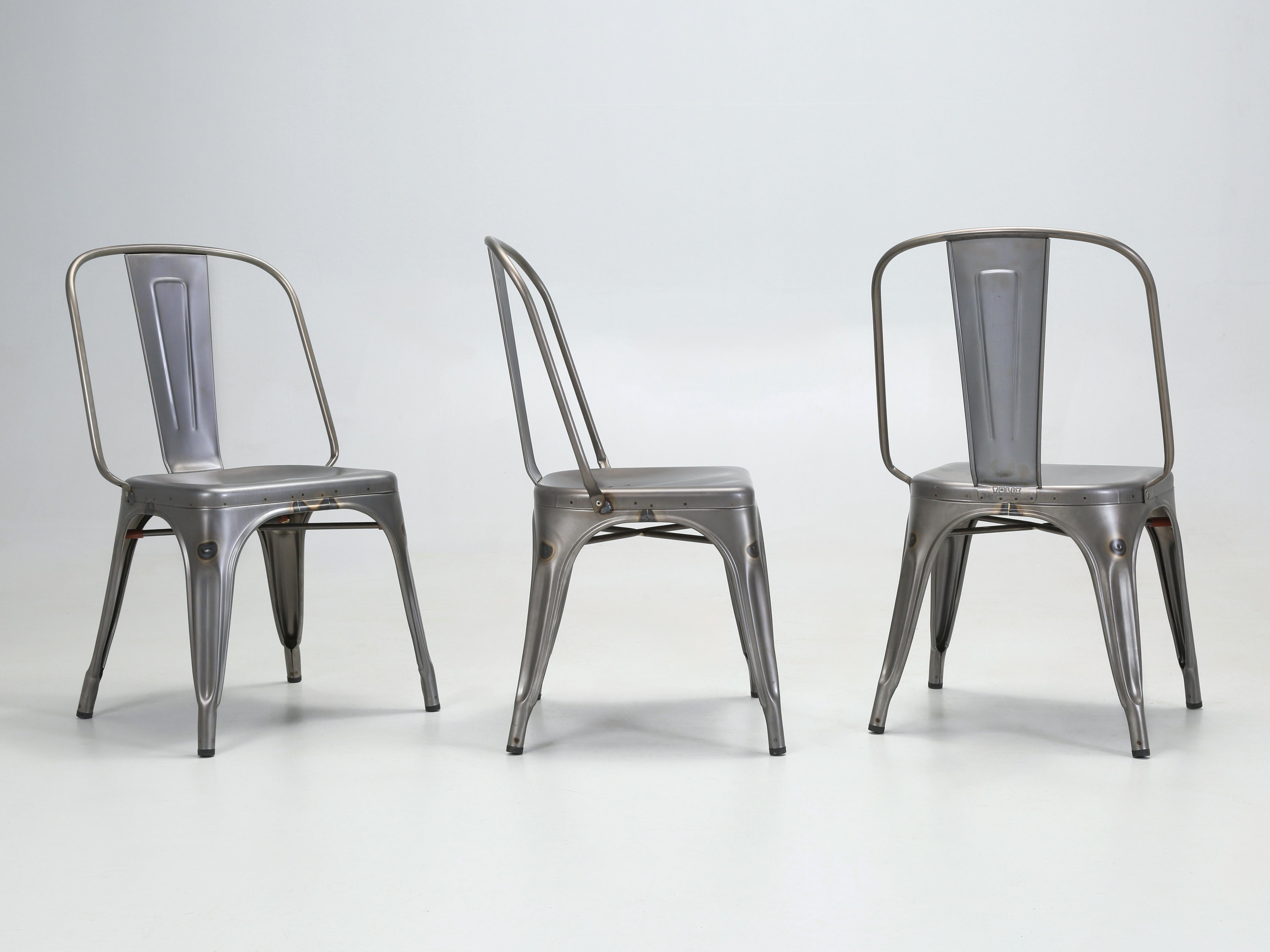 Industrial Set of (6) Genuine Tolix AC Style Stacking Chairs in Dark Grey Eggshell Finish  For Sale