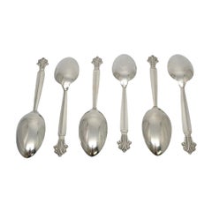 Set of 6 Georg Jensen Acanthus Sterling Silver Dessert/Oval Soup Spoons #19717