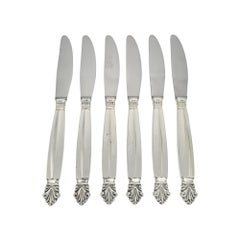 Set of 6 Georg Jensen Acanthus Sterling Silver Long Handle Dinner Knives #19715