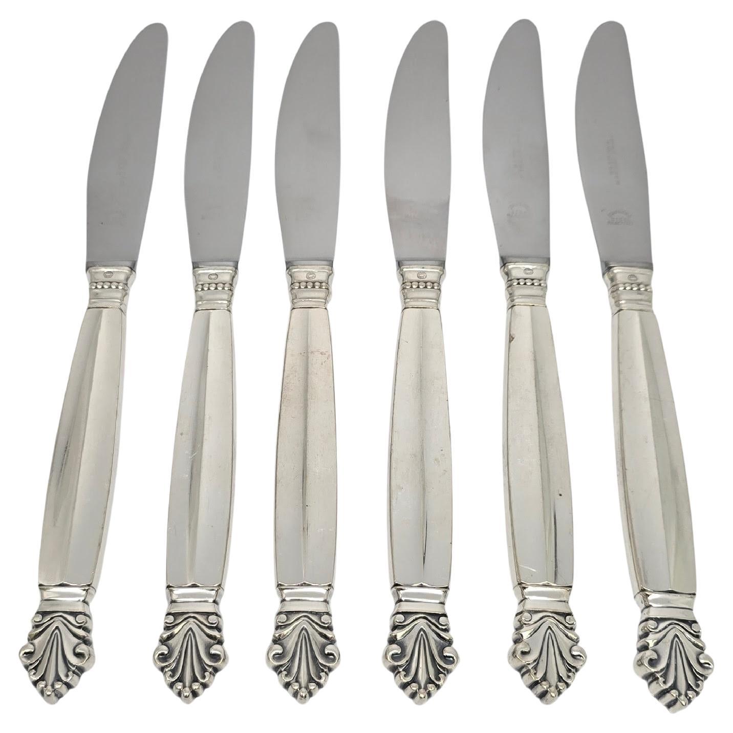 Set di 6 coltelli da cena con manico lungo in argento sterling Georg Jensen Acanthus #19715