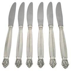 Satz von 6 Georg Jensen Acanthus Sterling Silber lange Griff Abendessen Messer #19715