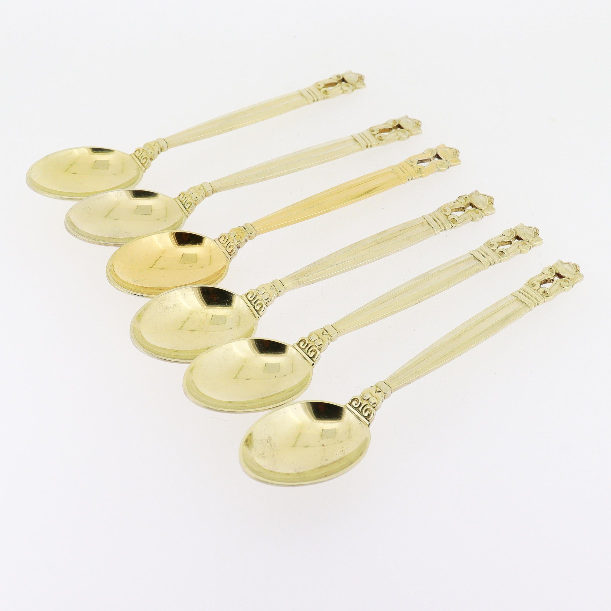 A fine set of 6 signed Danish mocha or demitasse spoons.

By Georg Jensen.

In sterling silver.

In the Acorn pattern.

Each gold-washed throughout.

Simply a wonderful Jensen design!

Date: 
20th Century

Overall Condition:
They are in overall
