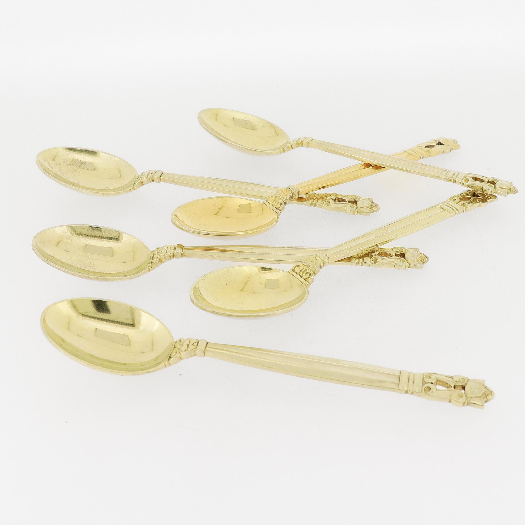 Scandinavian Modern Set of 6 Georg Jensen 'Acorn' Gilt Sterling Silver Mocha Spoons For Sale