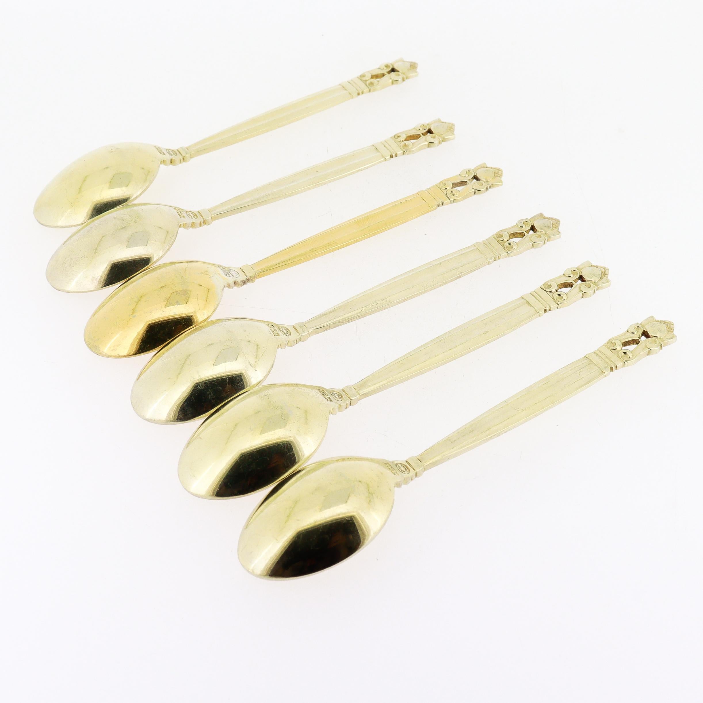 Danish Set of 6 Georg Jensen 'Acorn' Gilt Sterling Silver Mocha Spoons For Sale