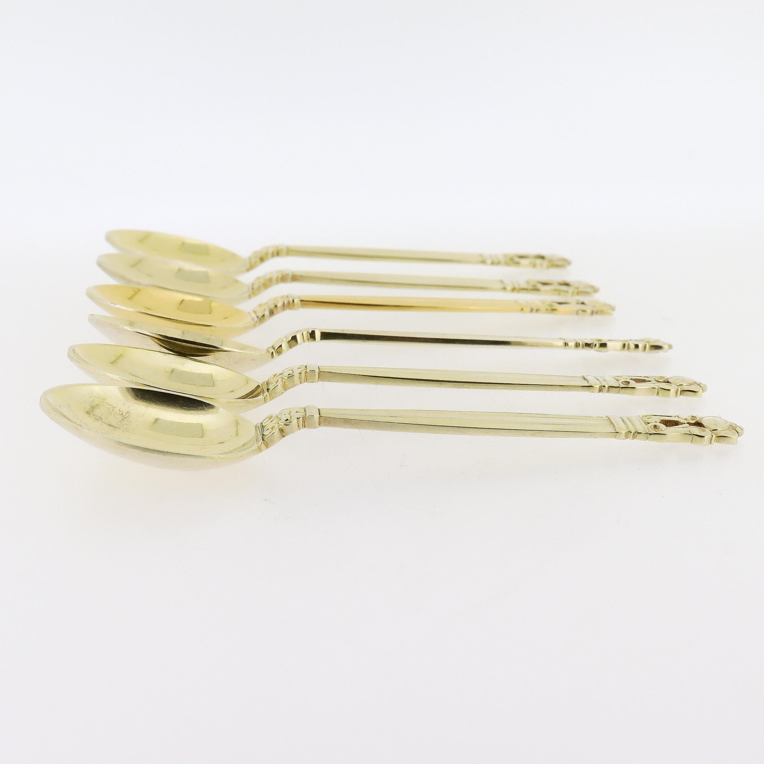 Set of 6 Georg Jensen 'Acorn' Gilt Sterling Silver Mocha Spoons In Good Condition For Sale In Philadelphia, PA