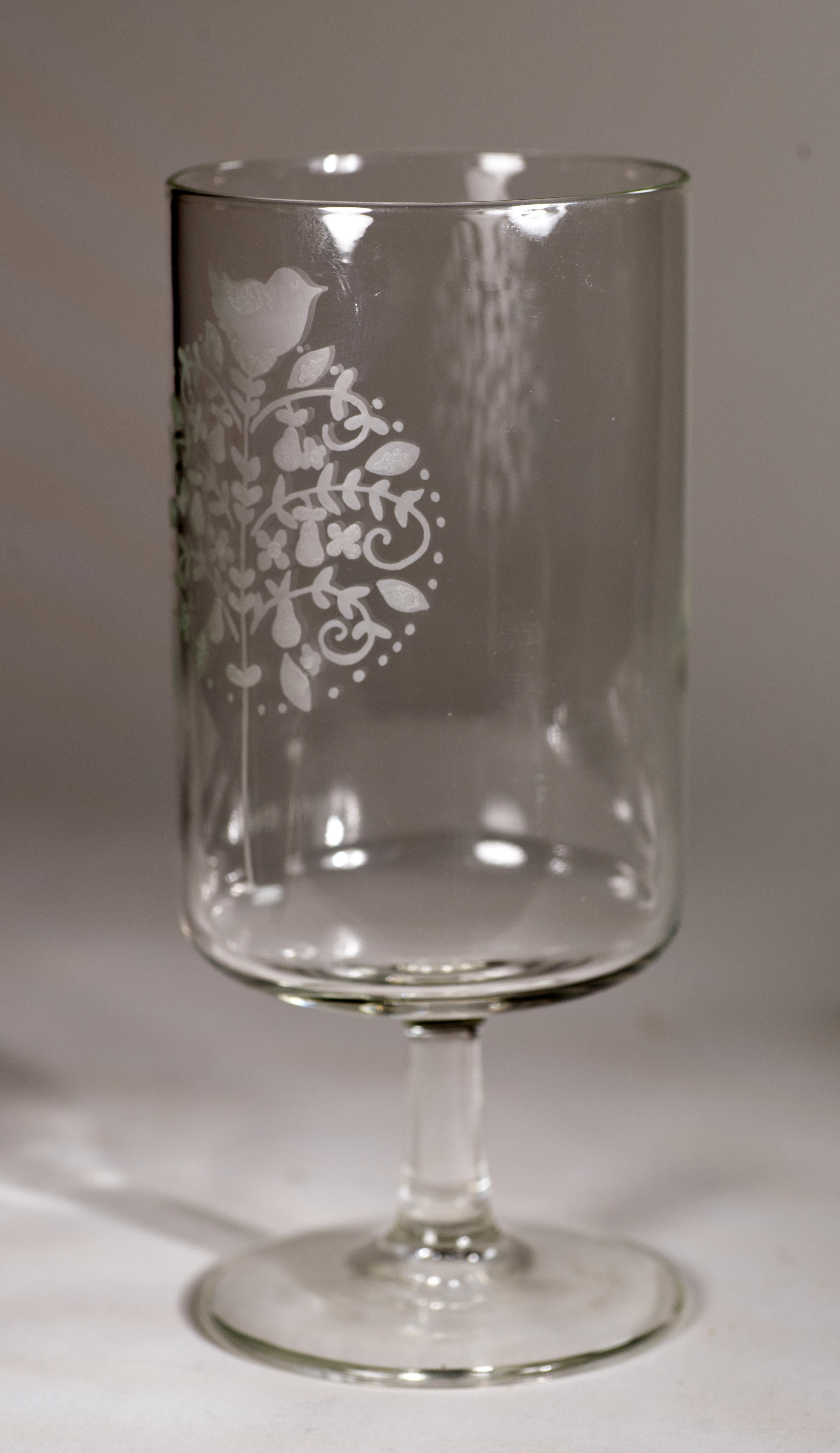 Set of 6 Georg Jensen Etched Glasses, Partridge in a Pear Tree, Danish Modern For Sale 1