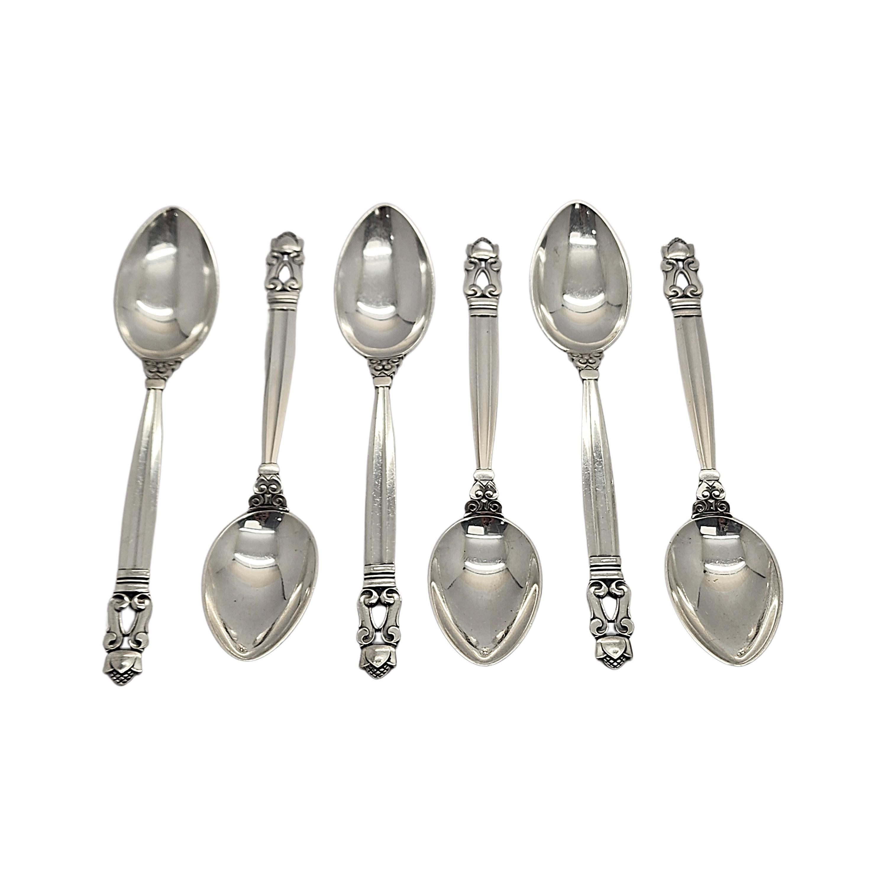Set of 6 sterling silver teaspoons in the Acorn pattern by Georg Jensen.

The Acorn pattern was introduced in 1915 as a collaboration between Georg Jensen and designer Johan Ronde. The Acorn pattern, which combines Art Nouveau and Art Deco styles,