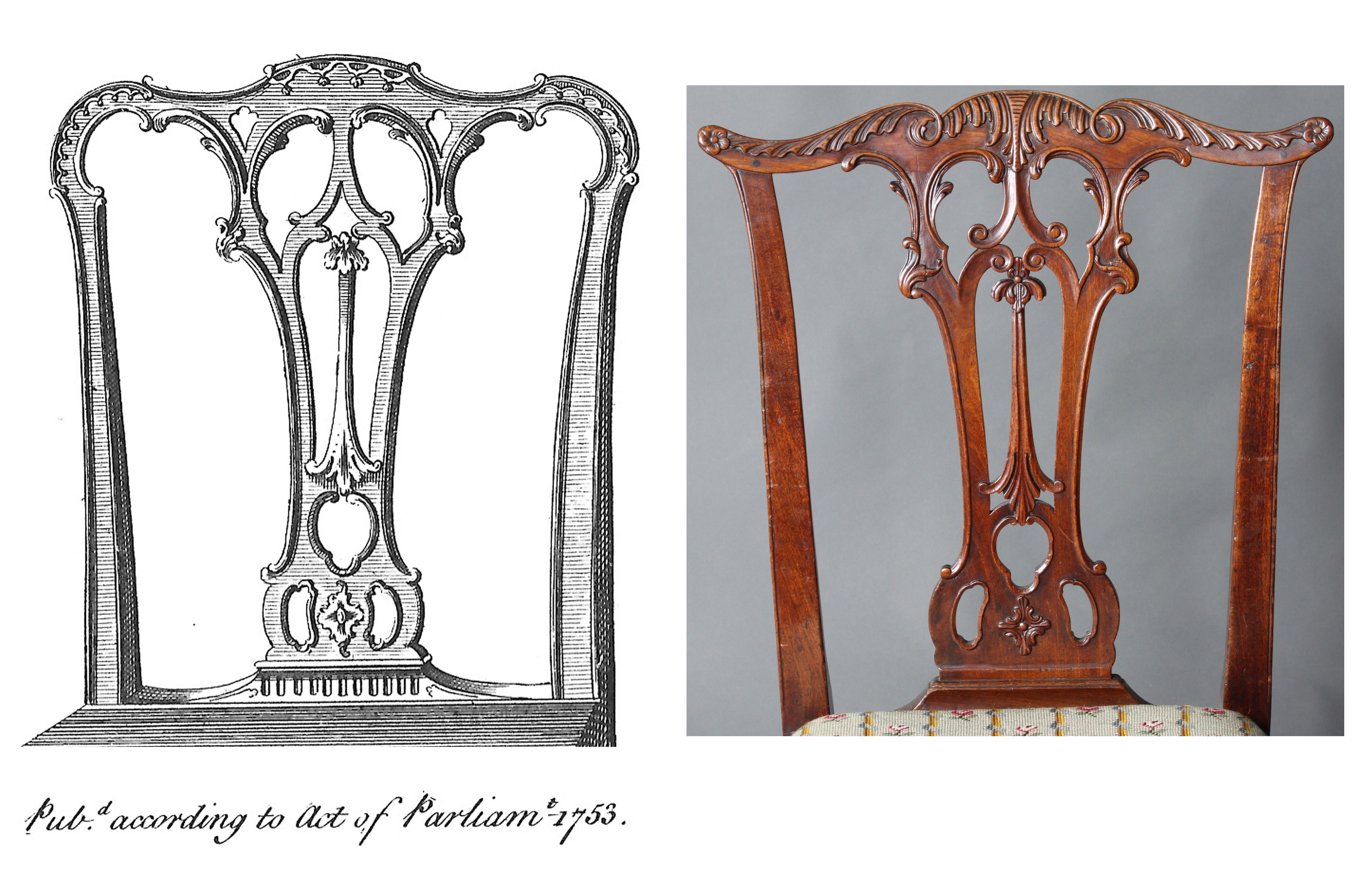 A set of 6 George III period chairs after a design by Thomas Chippendale in mahogany of a good color and patina: Fine carving to the backs.
It is very rare to find sets of 18th century Chippendale period chairs with such fine quality carving and