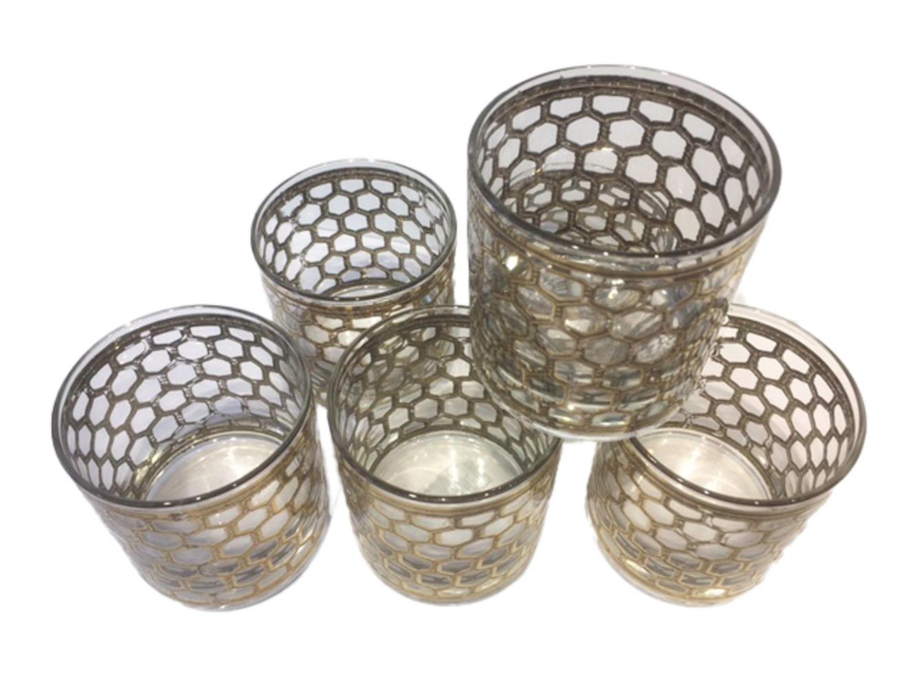 Set of 6 signed Georges Briard rocks glasses in the wire pattern. The raised honeycomb pattern, twisted wire design finished in 22-karat gold.