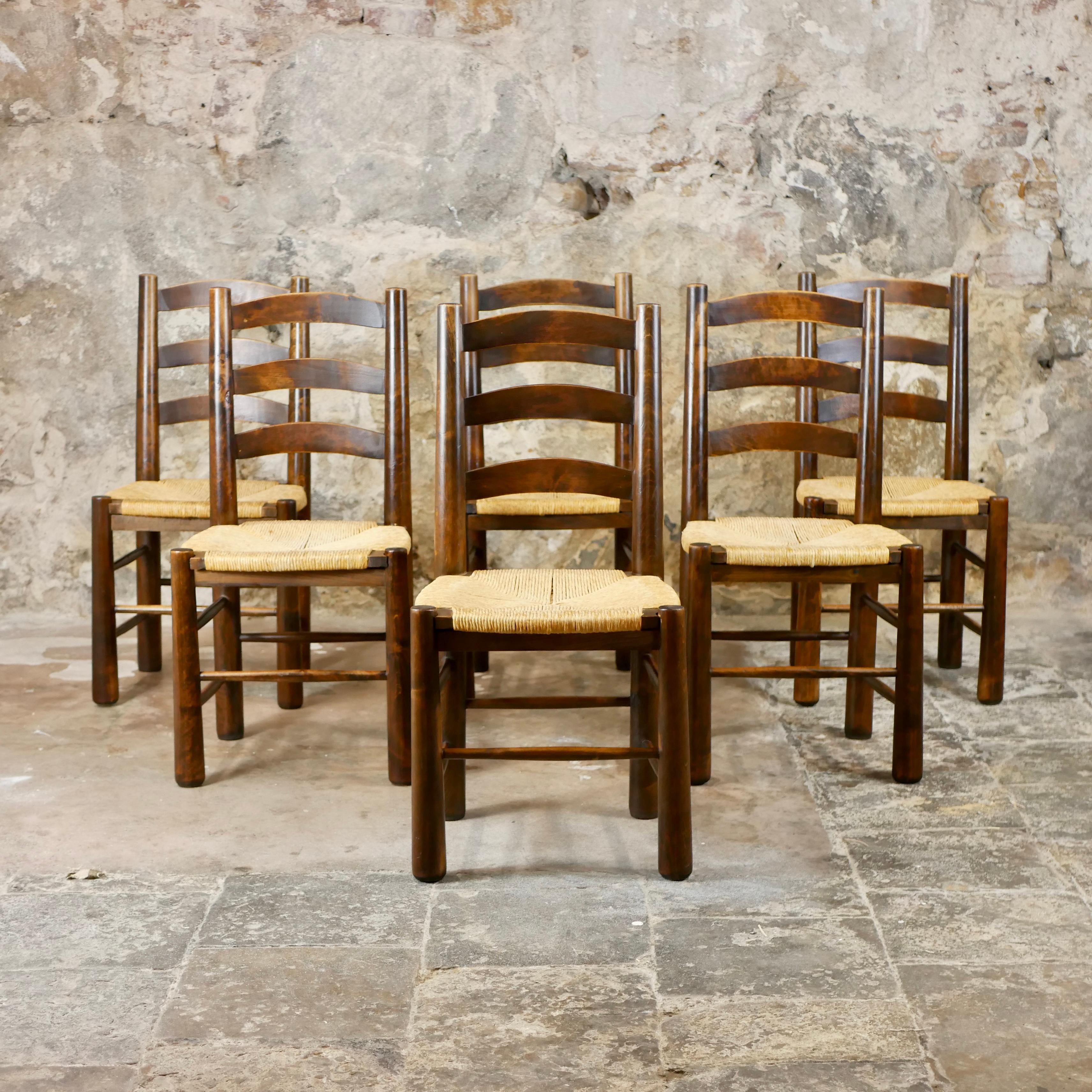 French Provincial Set of 6 Georges Robert wood and straw chairs, made in France, 1950s For Sale