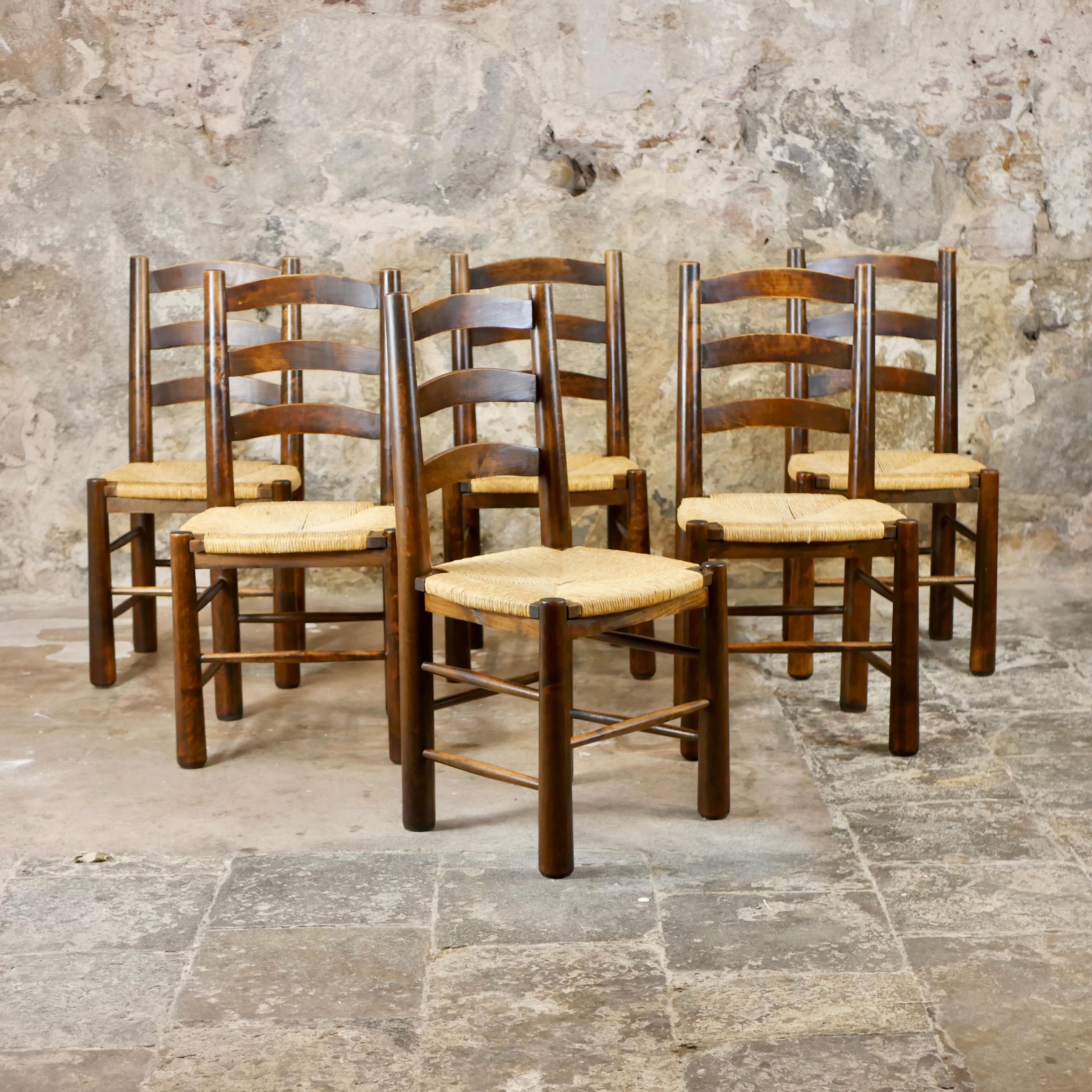 French Set of 6 Georges Robert wood and straw chairs, made in France, 1950s For Sale