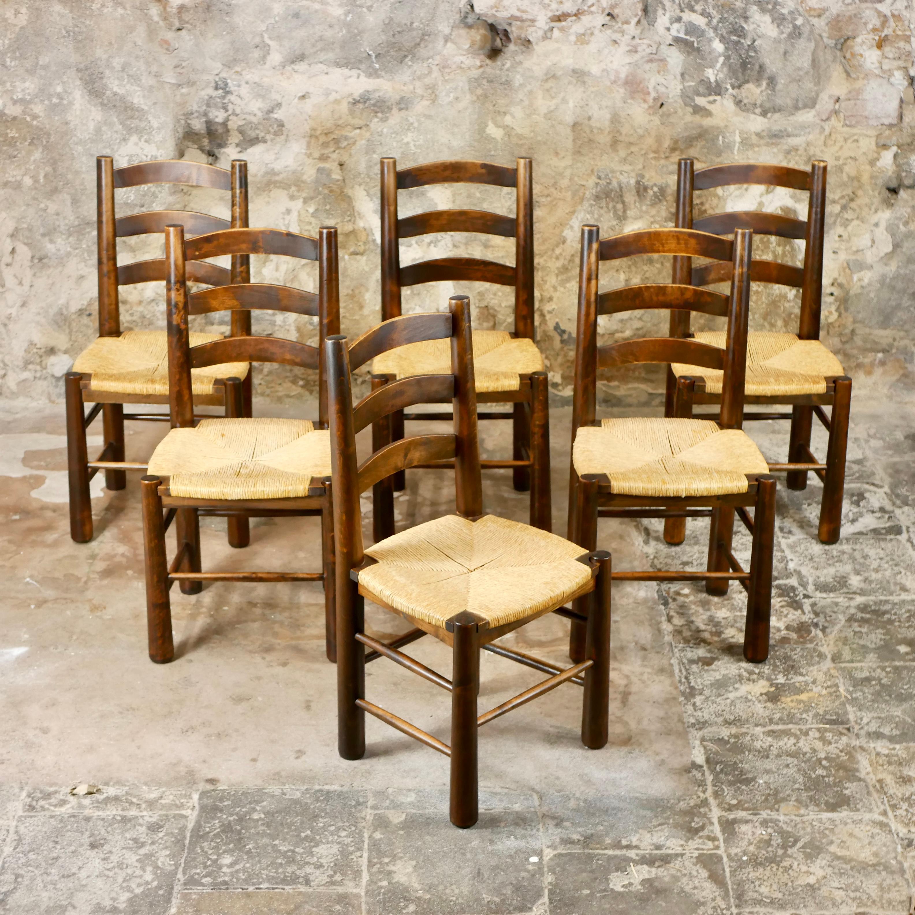 Set of 6 Georges Robert wood and straw chairs, made in France, 1950s In Good Condition For Sale In Lyon, FR