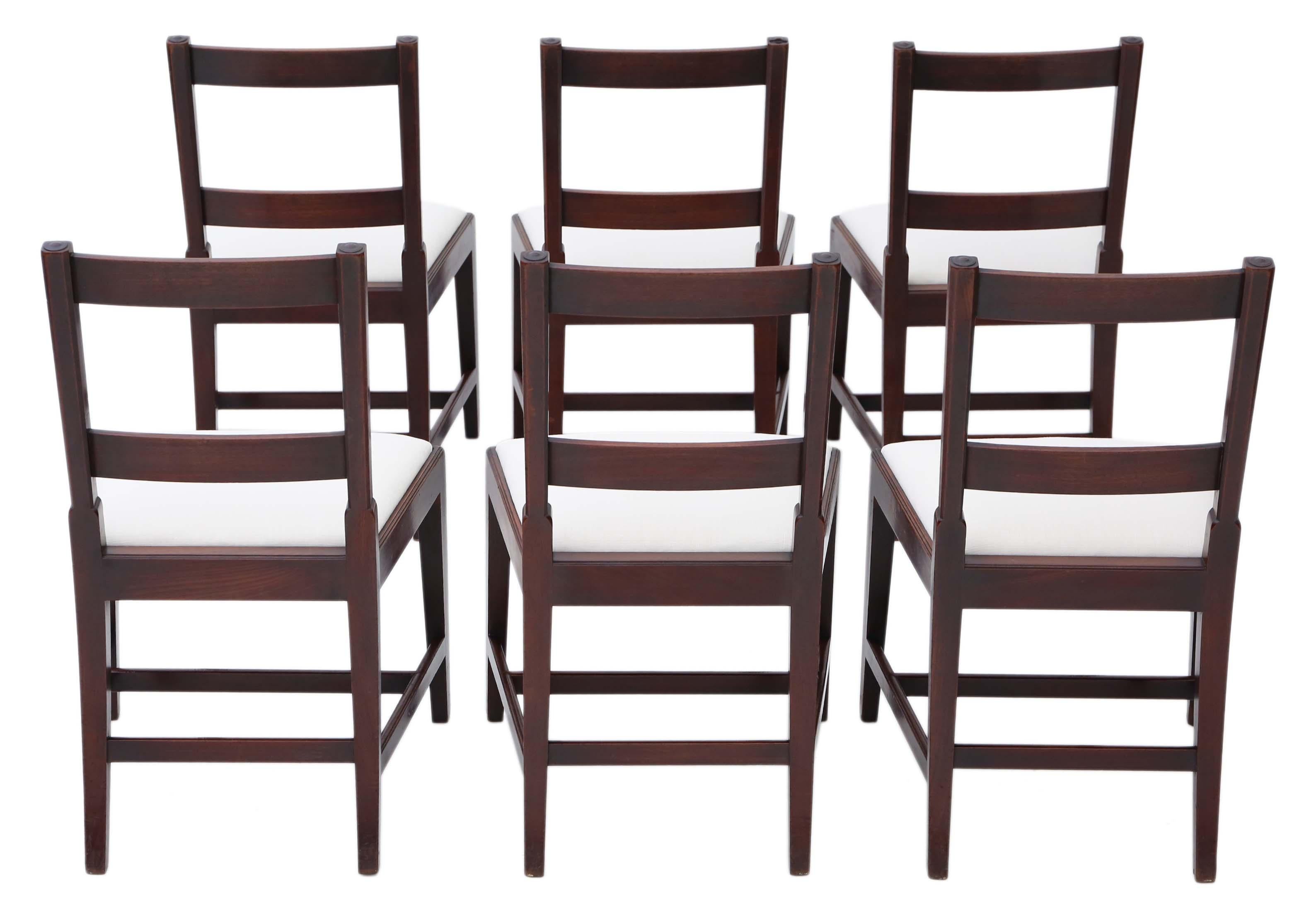 Antique quality set of 6 Georgian mahogany dining chairs 19th century.
Solid with no loose joints. Lovely simple elegant design. 
New upholstery in a heavy weight fabric.
Overall maximum dimensions:
Chair 51cm W x 49cm D x 87cm H (44cm H seat