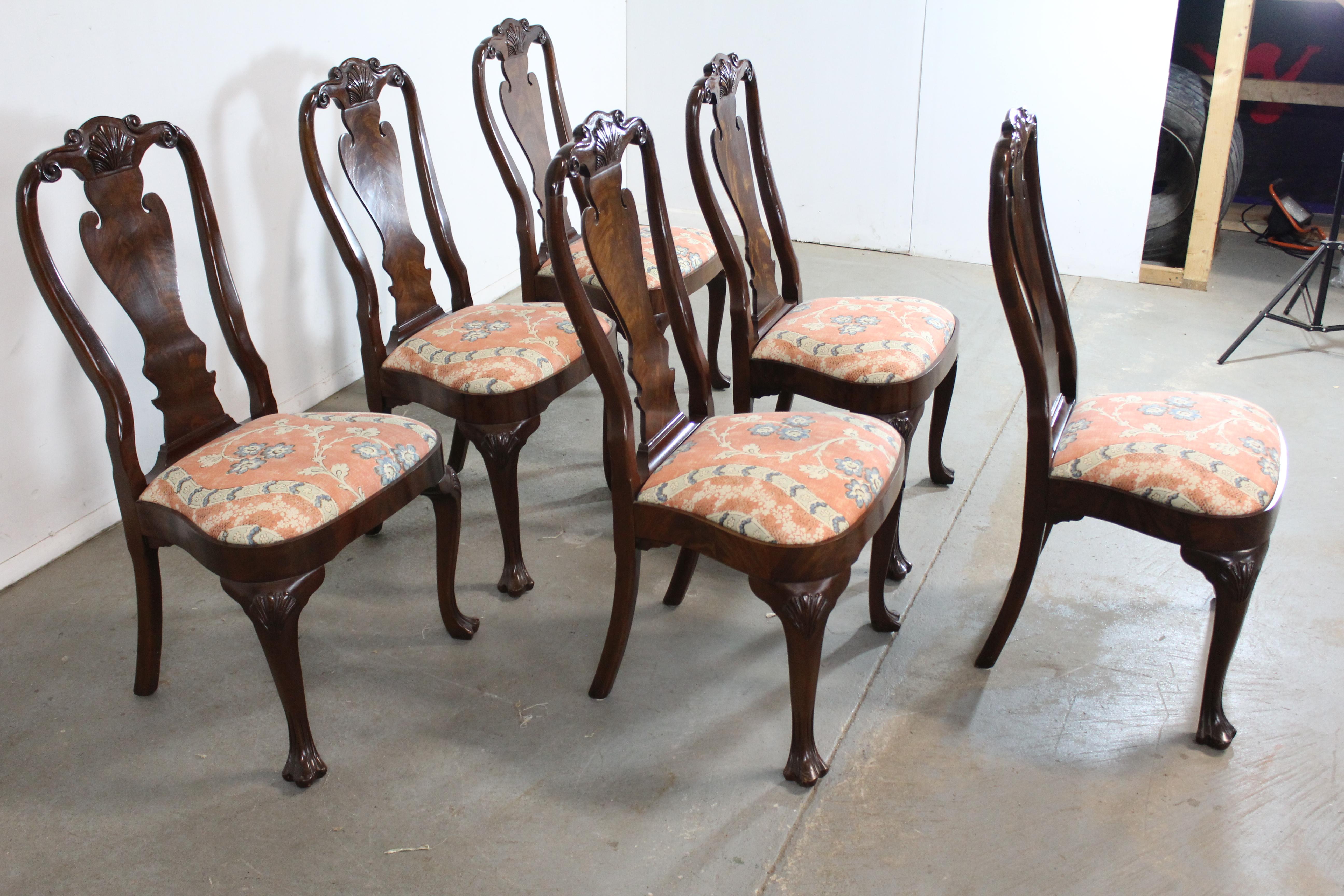 American Set of 6 Georgian/Queen Anne Solid Mahogany Dining Side Chairs