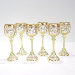 Set di 6 calici da vino dorati in stile Art Nouveau tedesco o boemo in vetro trasparente e verde