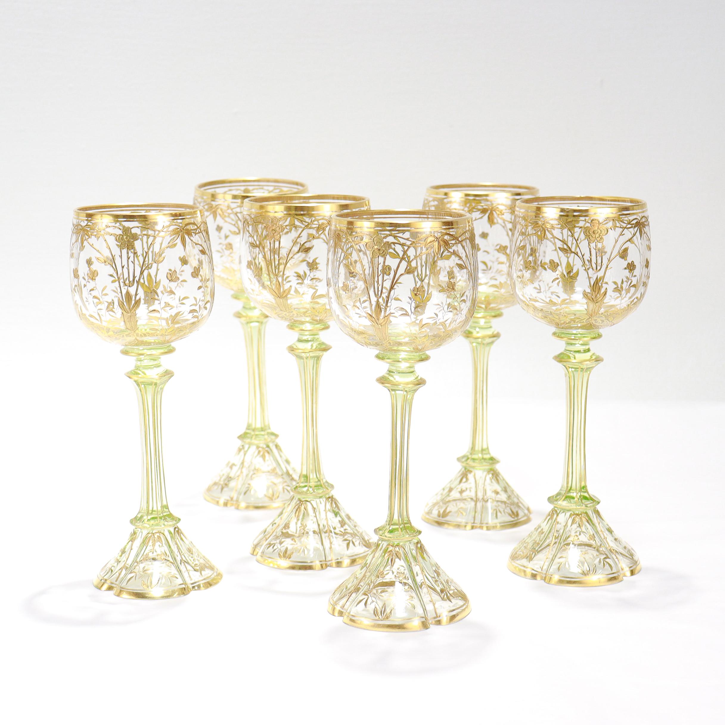 Inconnu Ensemble de 6 gobelets à vin en verre transparent et vert de style Art nouveau allemand ou bohème en vente