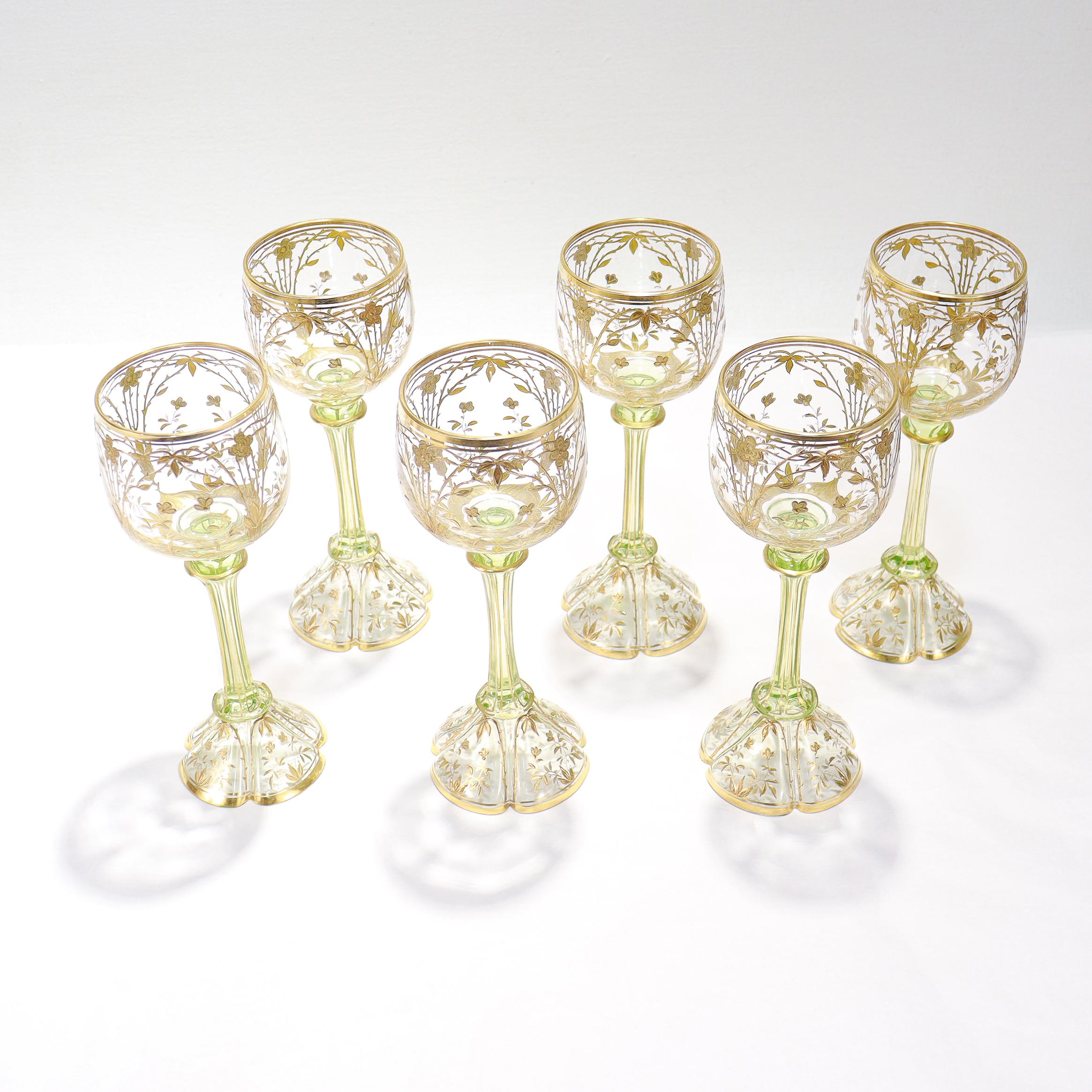 Ensemble de 6 gobelets à vin en verre transparent et vert de style Art nouveau allemand ou bohème Bon état - En vente à Philadelphia, PA