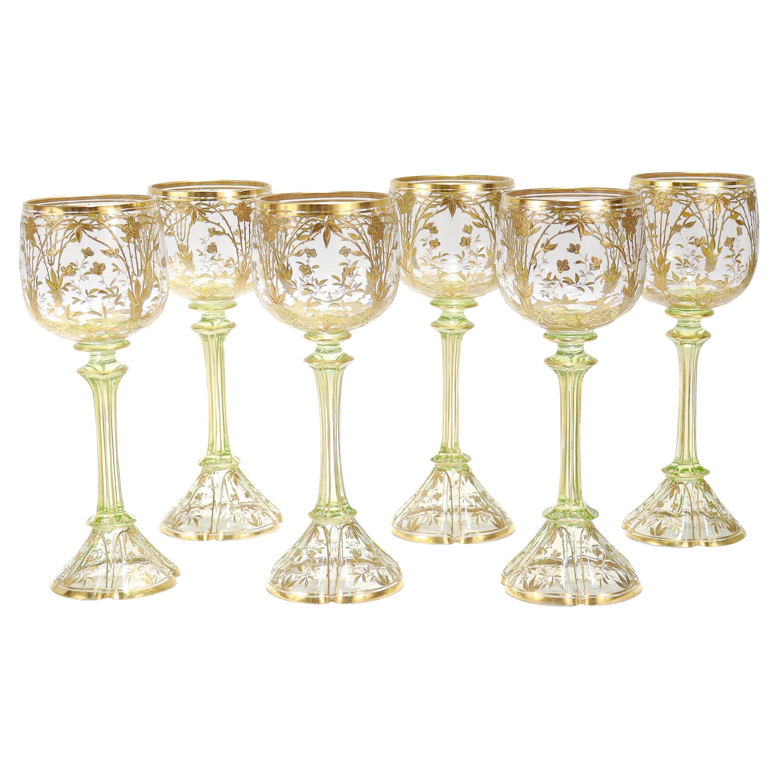 Set di 6 calici da vino dorati in stile Art Nouveau tedesco o boemo in vetro trasparente e verde