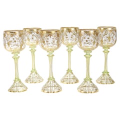 Set di 6 calici da vino dorati in stile Art Nouveau tedesco o boemo in vetro trasparente e verde