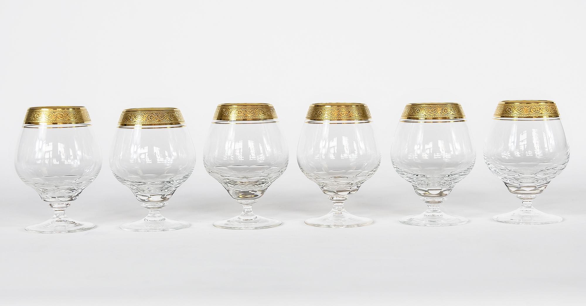 The set of 6 pcs. cognac brandy glasses with the rich textured gold rim from Concord Collection by Theresiethal.
Very good condition.

  