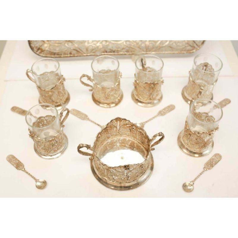 20th Century Set of 6 Glass Tea Service & Middle Eastern Sterling Silver Filigree For Sale