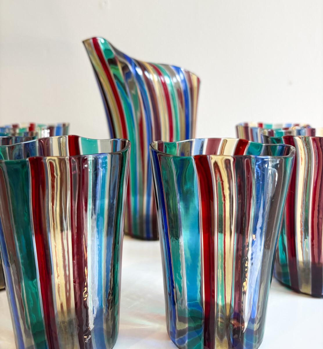Verre de Murano Set of 6 Glasses and Pitcher by Gio Ponti for Venini, Italy, 1959 en vente