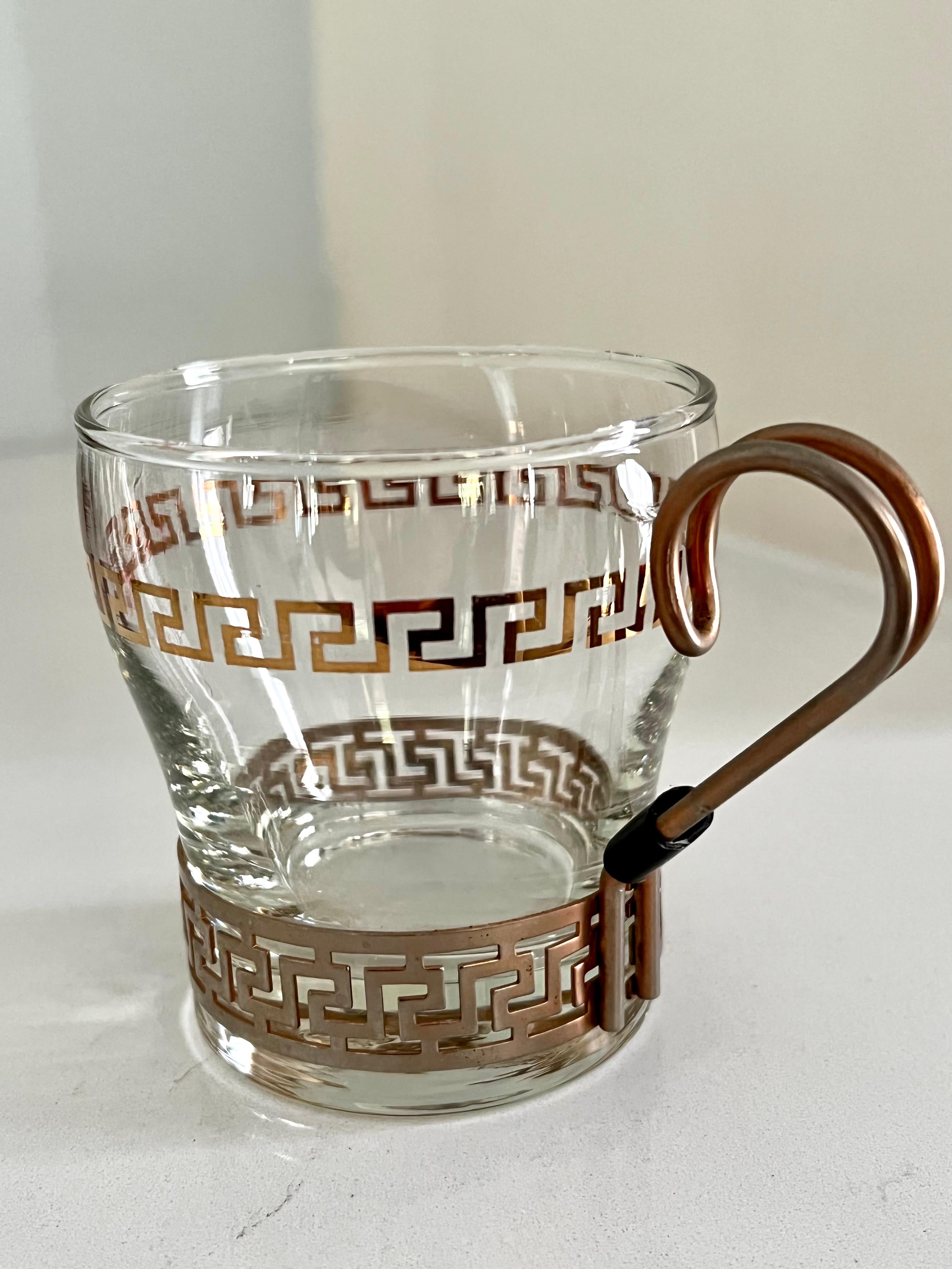 Set of 6 Glasses in Copper Holder with Greek Key Details For Sale 5