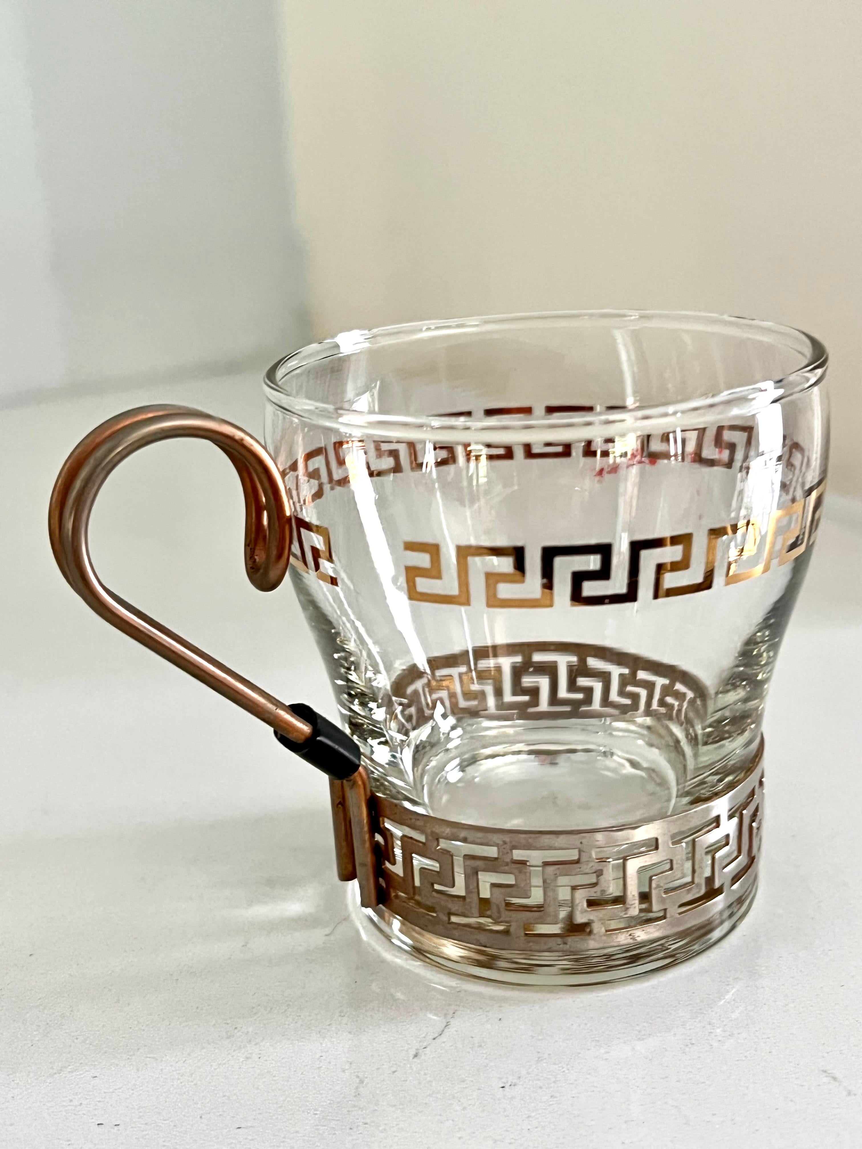 Set of 6 Glasses in Copper Holder with Greek Key Details For Sale 6