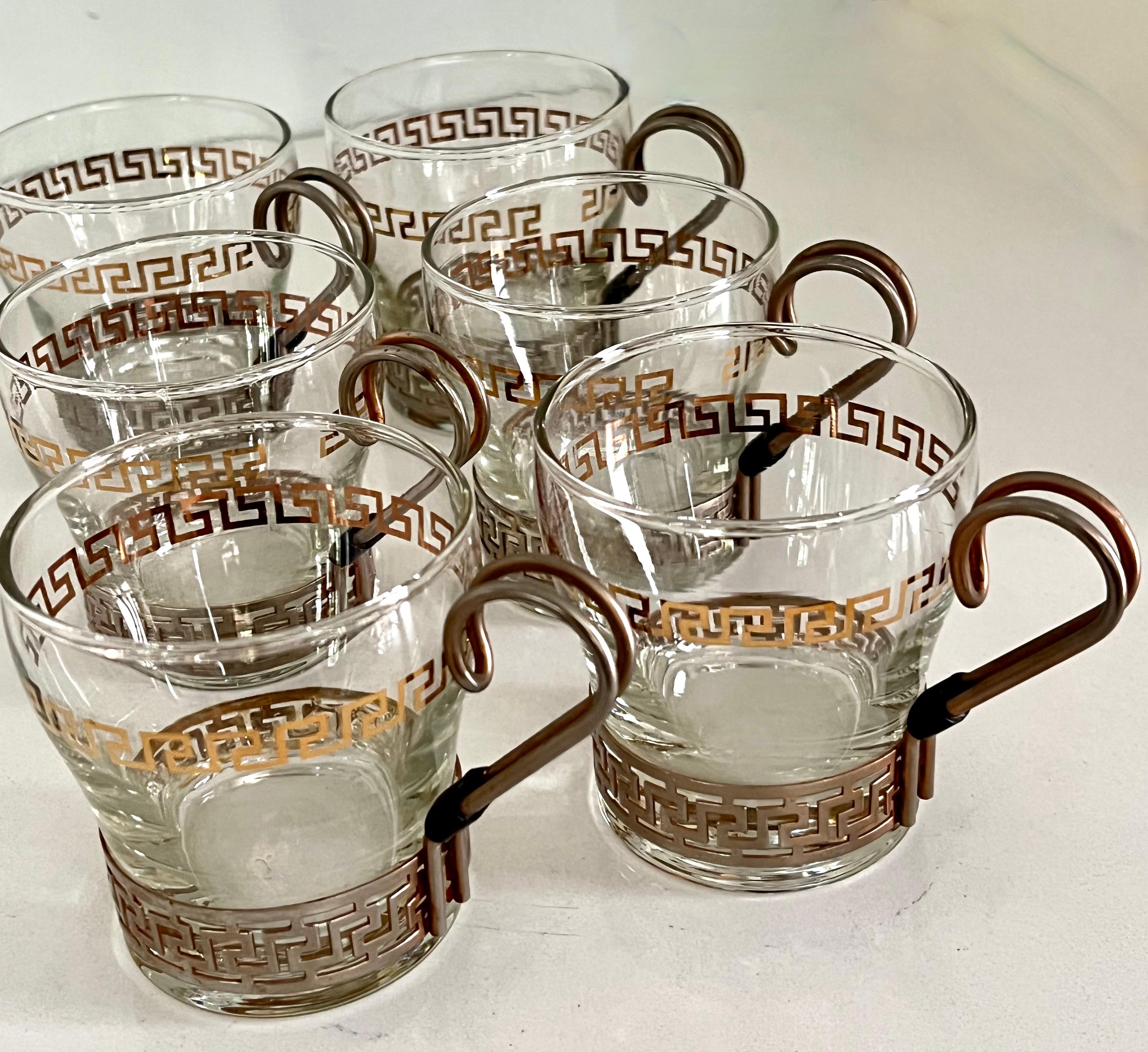 Set of 6 Glasses in Copper Holder with Greek Key Details For Sale 7