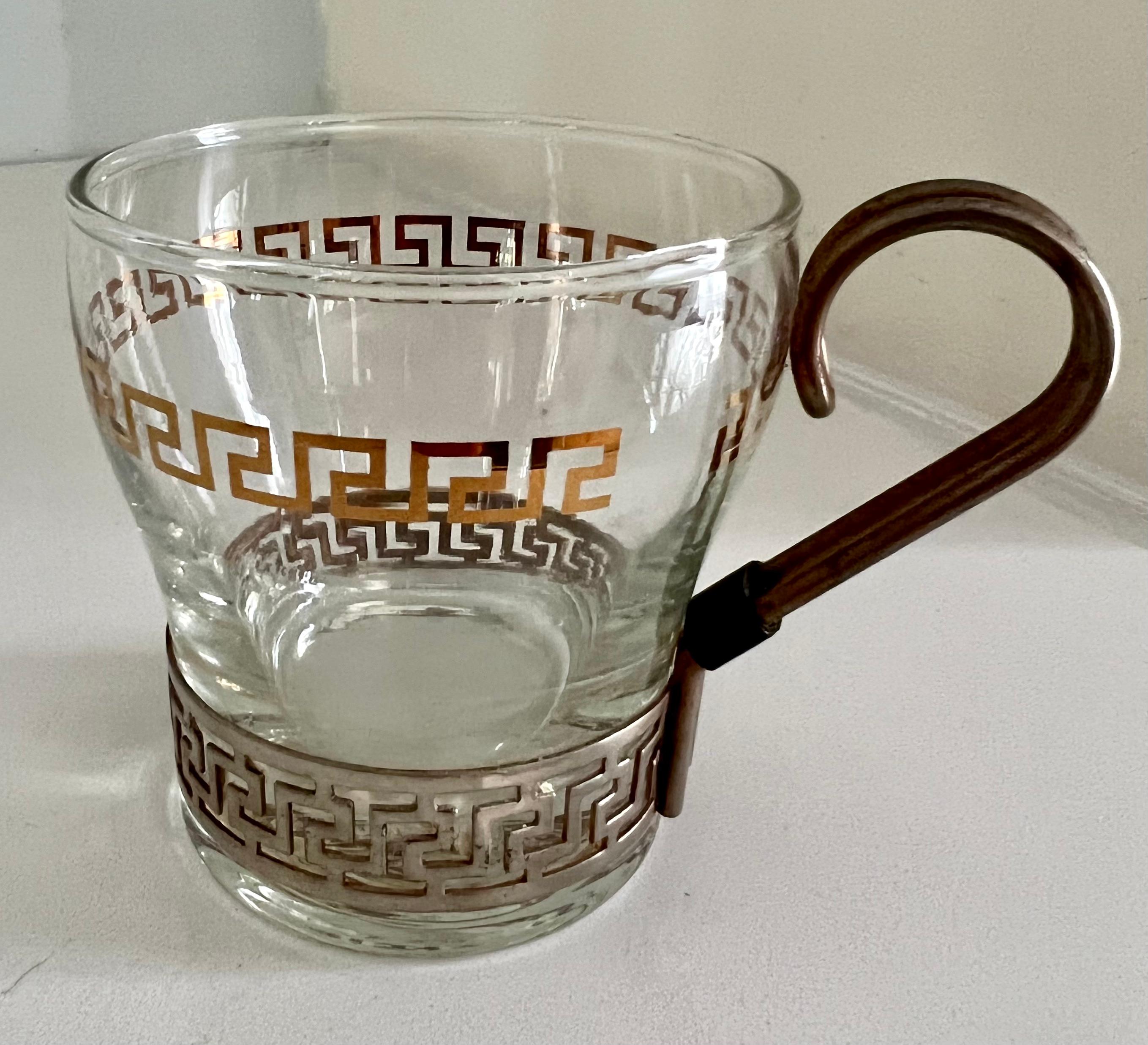 Set of 6 Glasses in Copper Holder with Greek Key Details For Sale 11