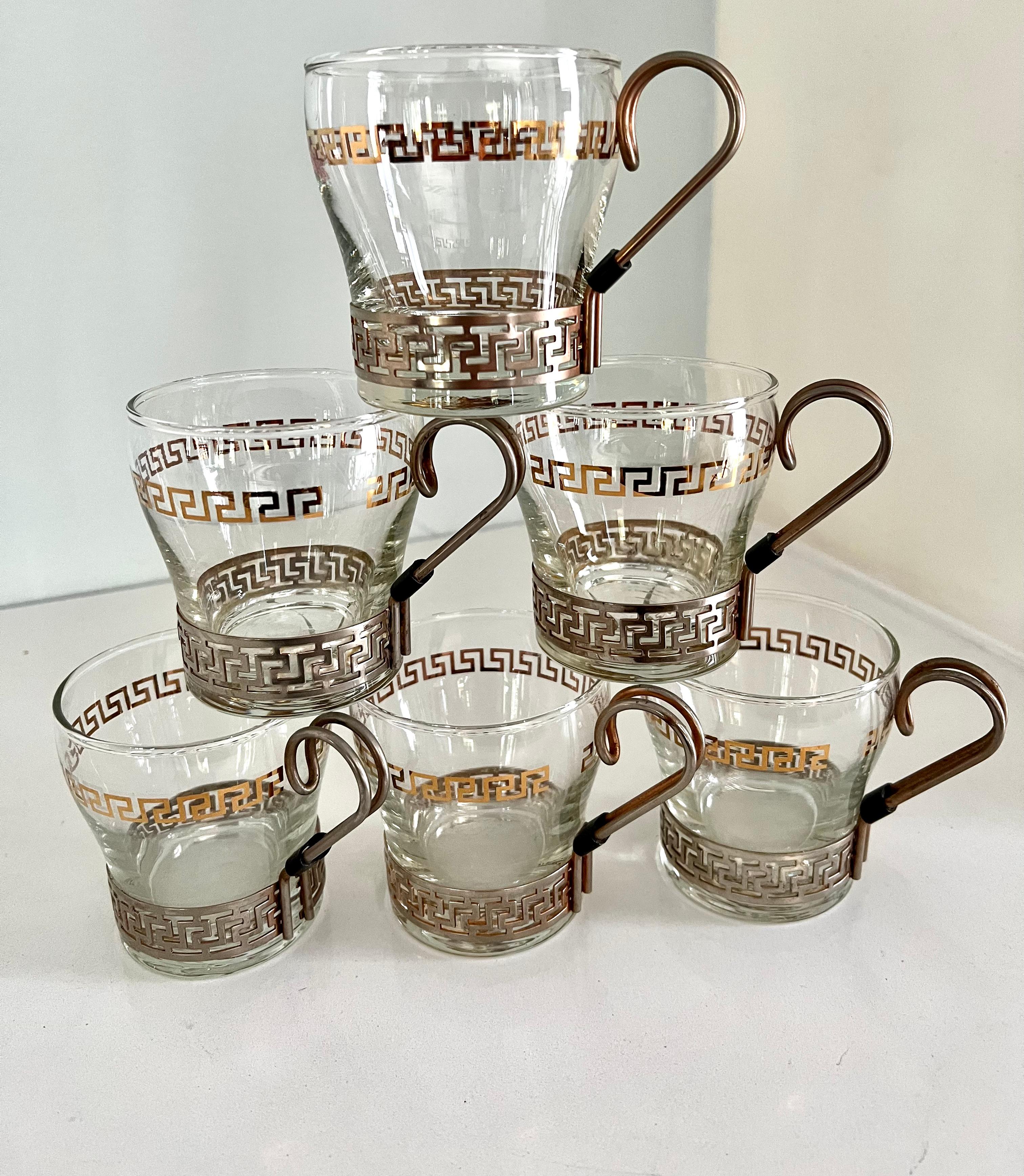 Mid-Century Modern Set of 6 Glasses in Copper Holder with Greek Key Details For Sale