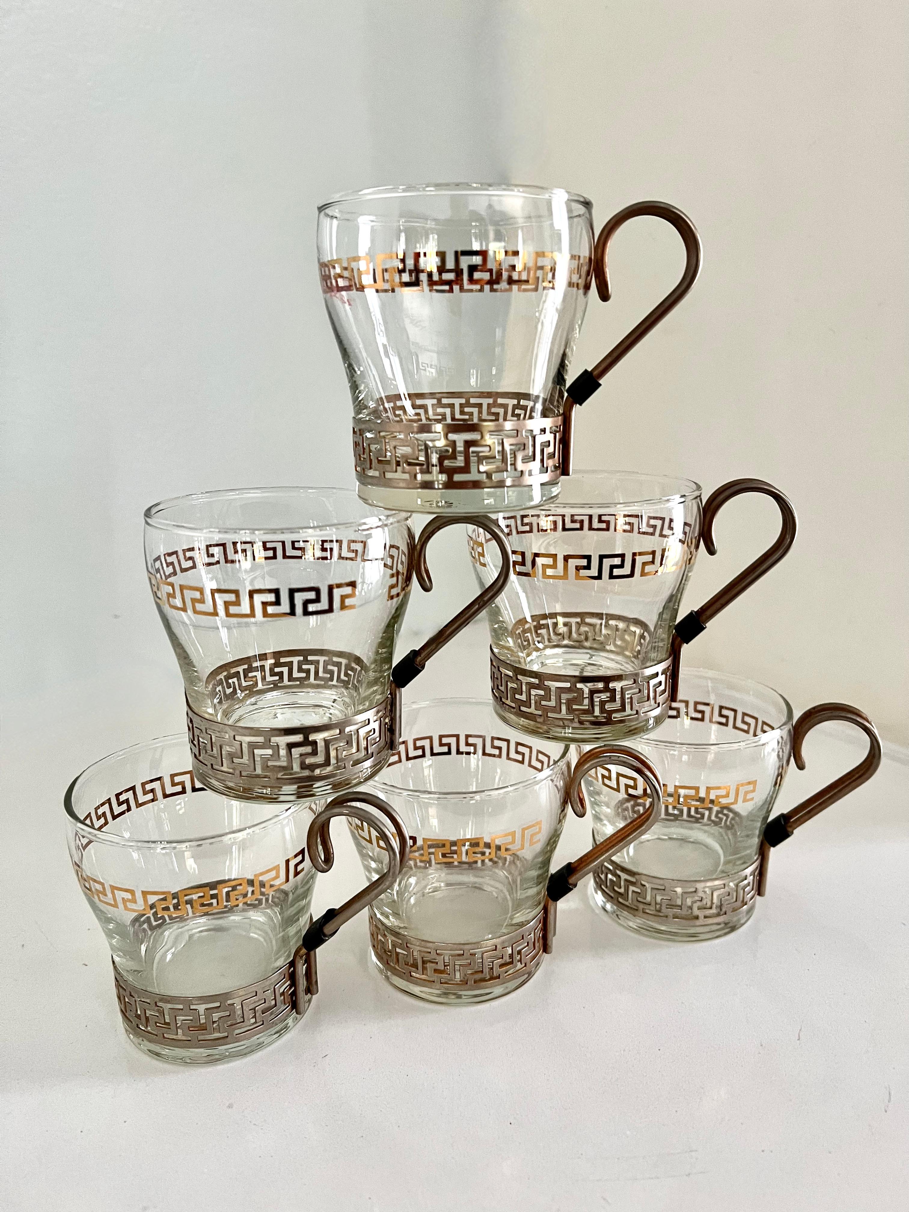 Set of 6 Glasses in Copper Holder with Greek Key Details In Good Condition For Sale In Los Angeles, CA
