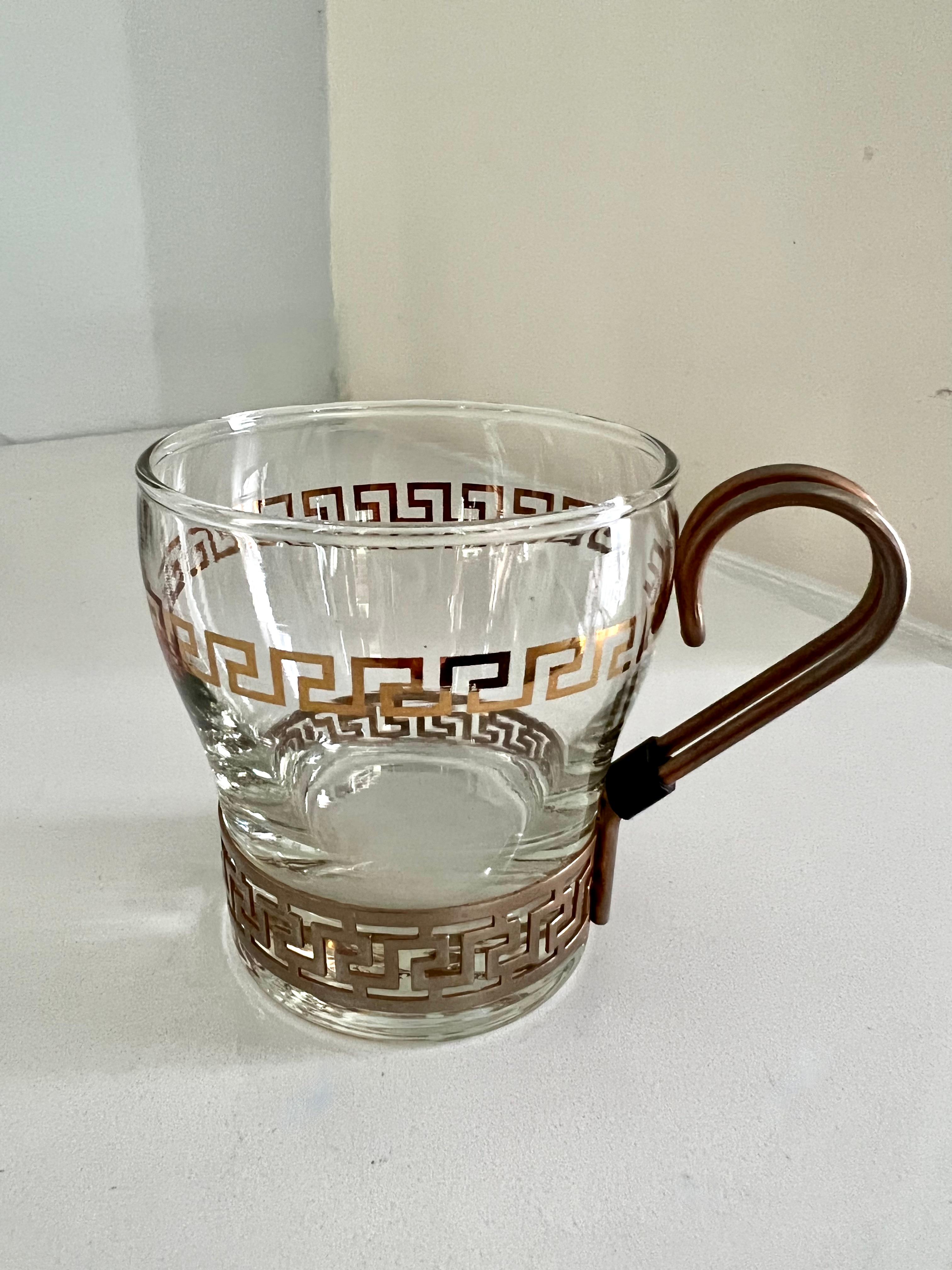 Set of 6 Glasses in Copper Holder with Greek Key Details For Sale 1