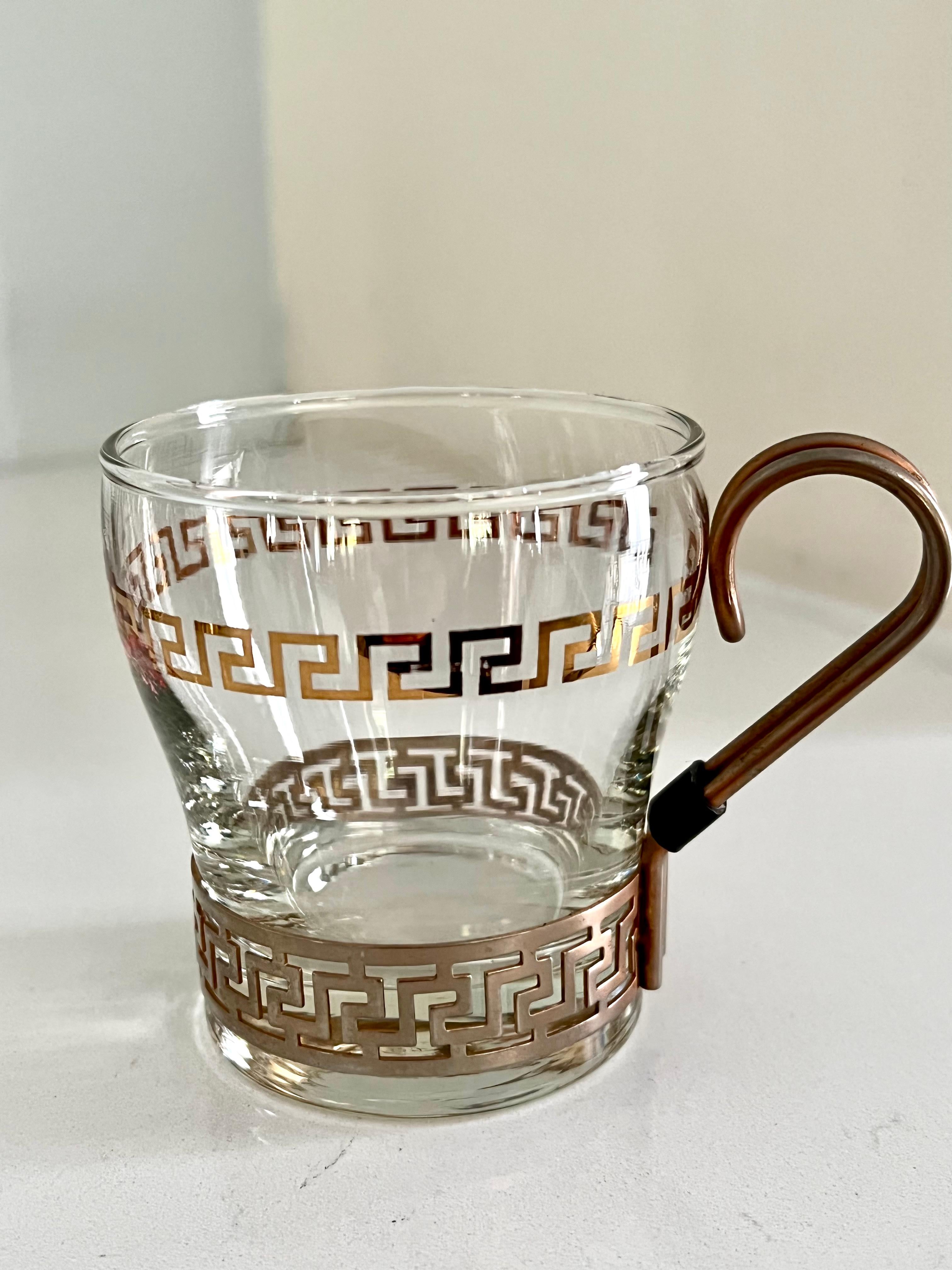 Set of 6 Glasses in Copper Holder with Greek Key Details For Sale 2